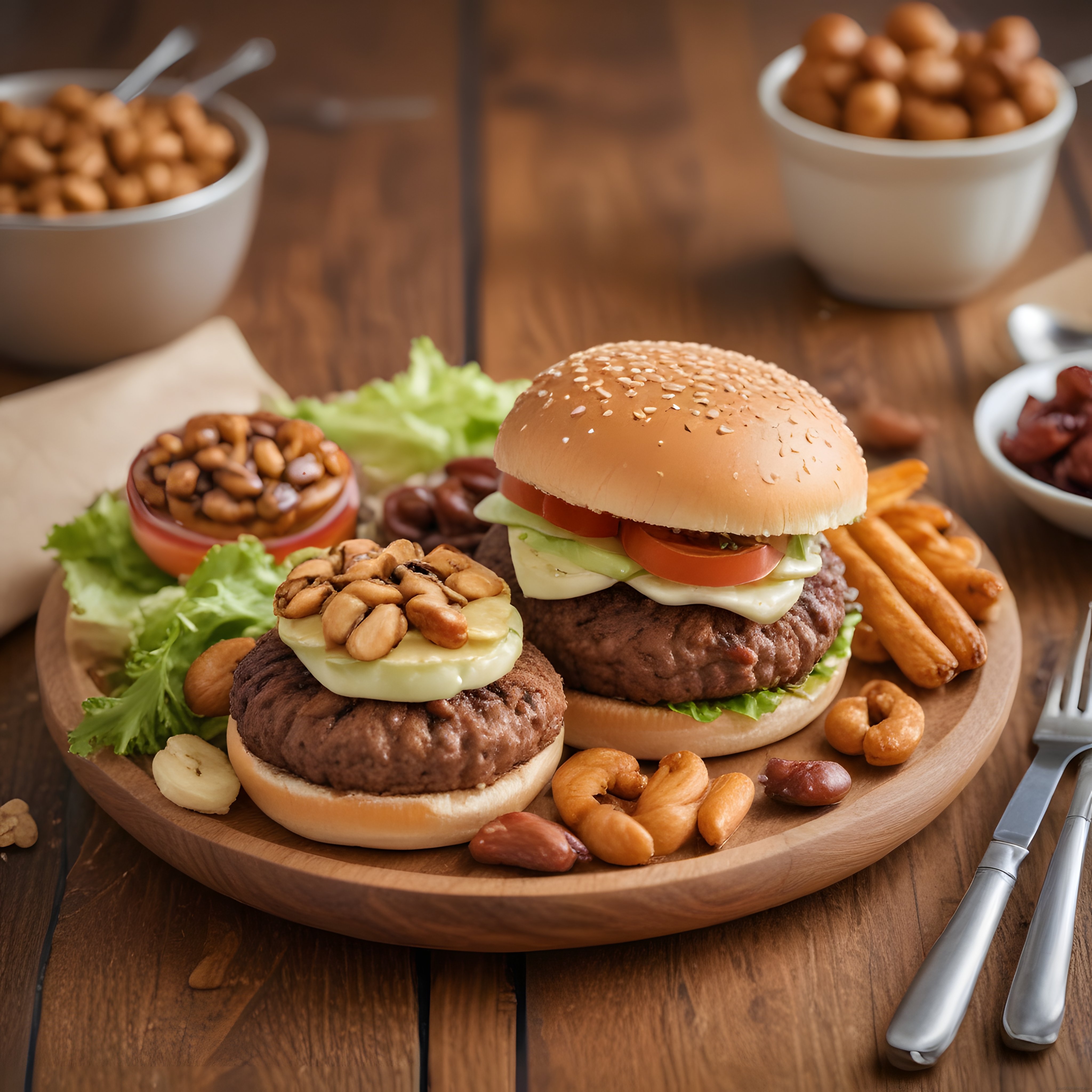 Ahşap Sunum Tahtasında Kuruyemişli Hamburger ve Çıtır Patates Menüsü