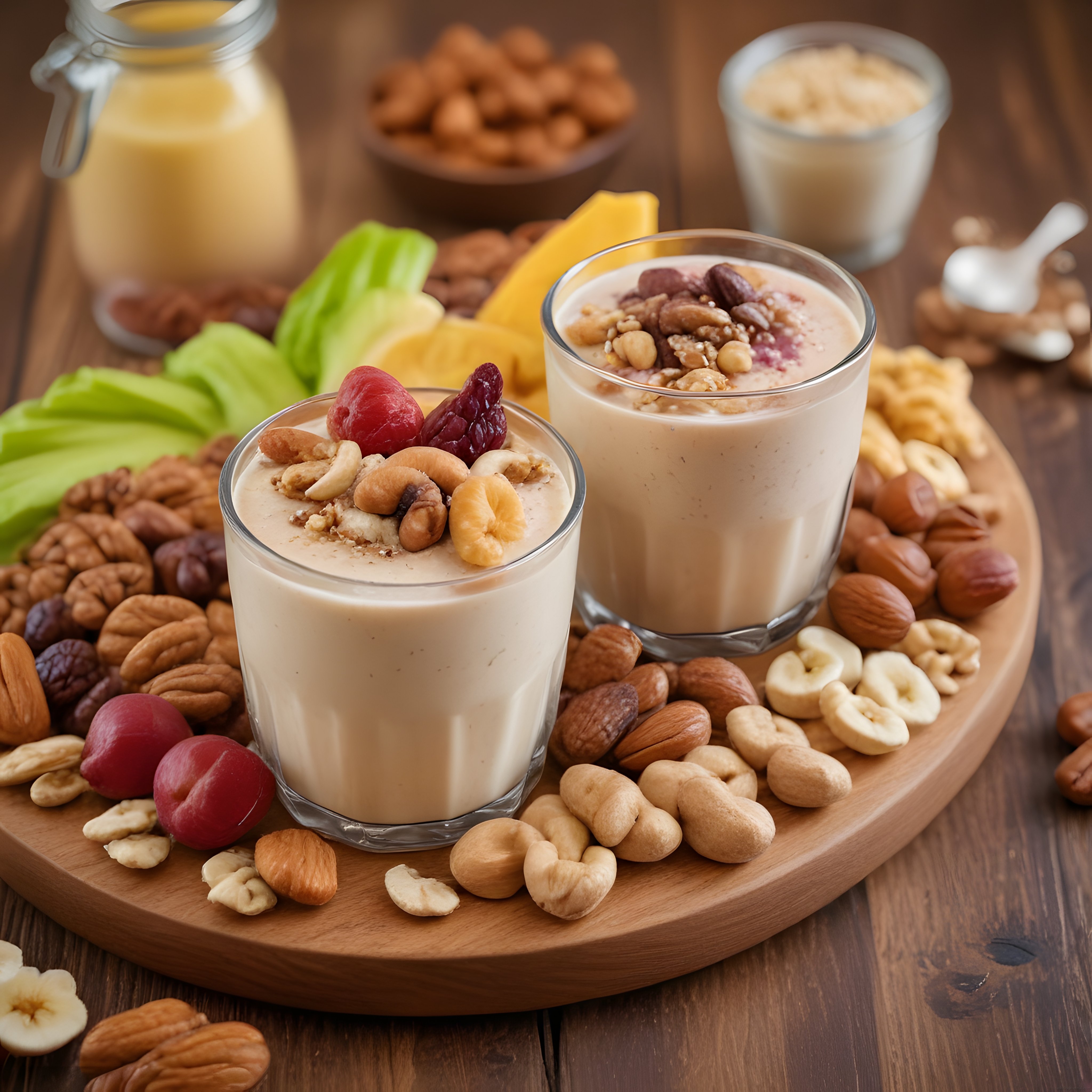 Ahşap Sunum Tahtasında Kuruyemişli Smoothie ve Taze Meyve Tabağı