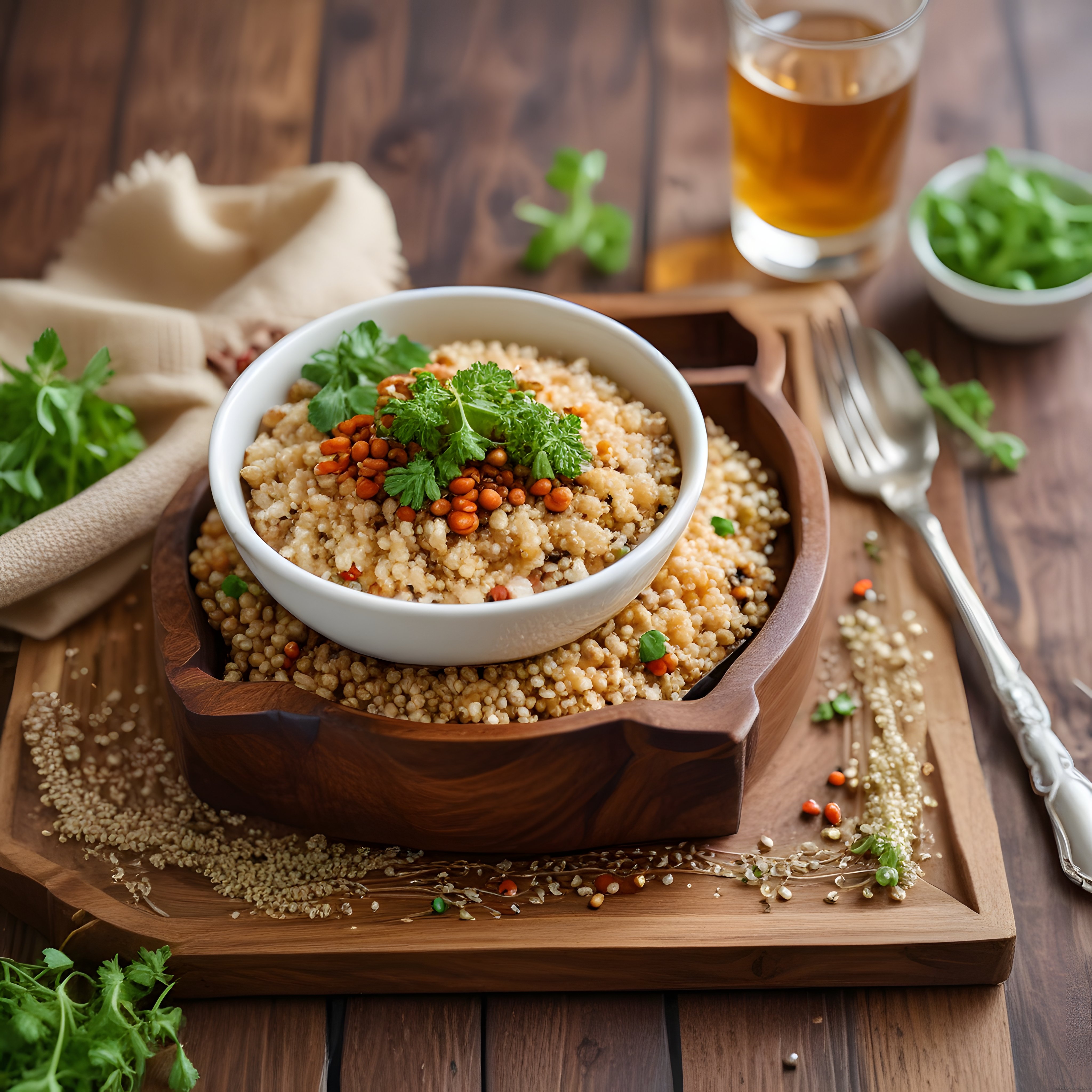 Ahşap Sunum Tahtasında Kuskus Salatası ve Mercimekli Sağlıklı Yemek Tarifi