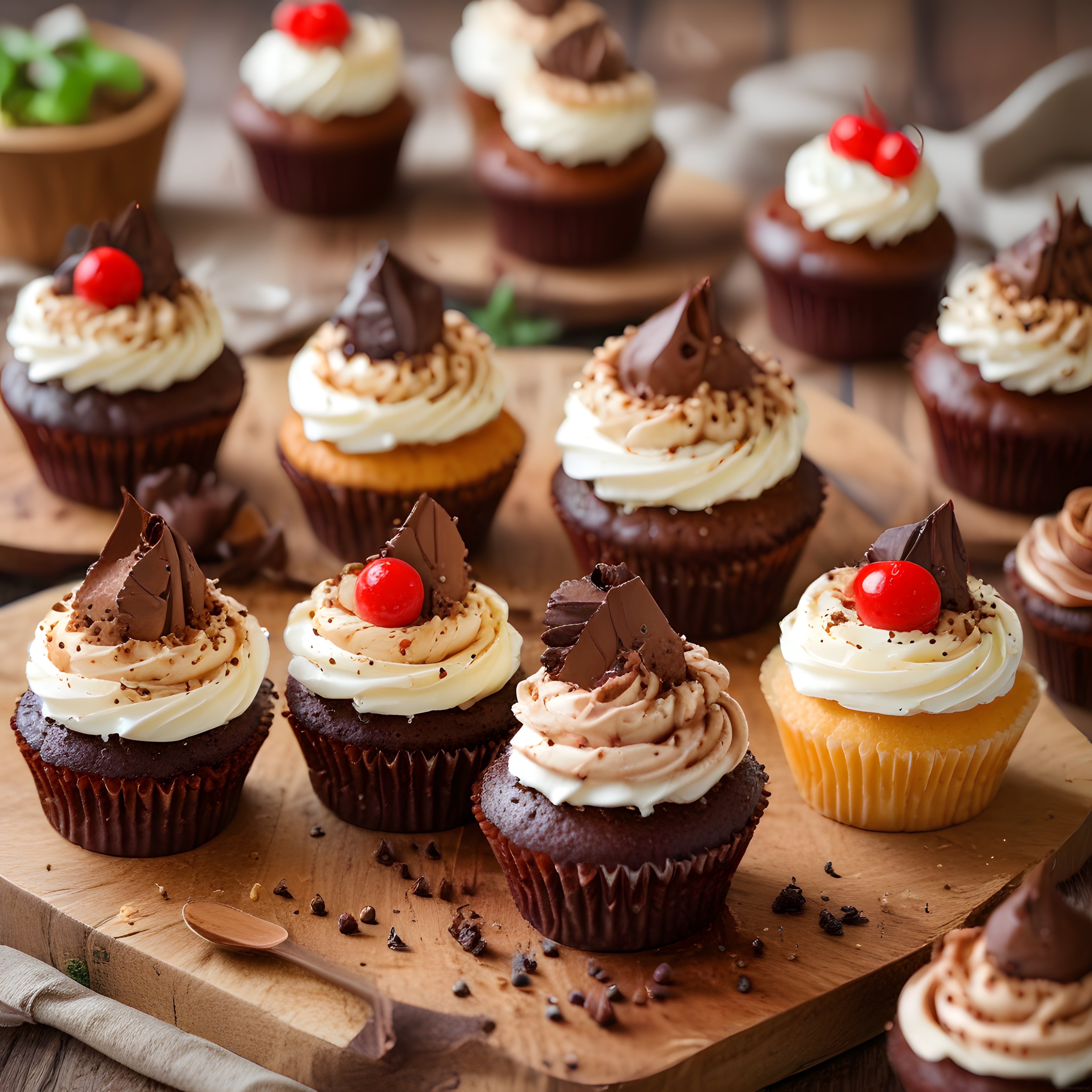Ahşap Sunum Tahtasında Lezzetli Çikolatalı Cupcake ve Krema Süslemeleri