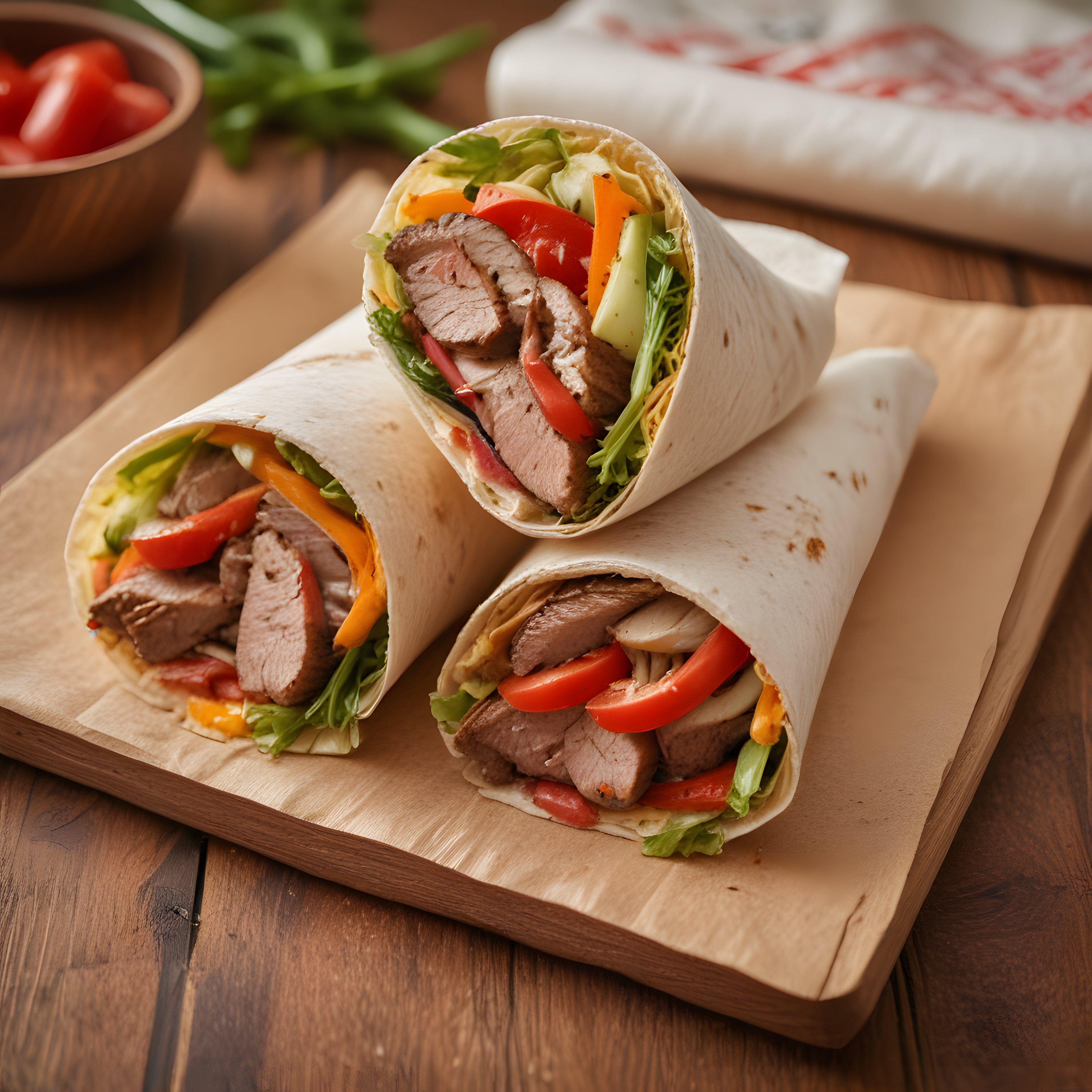 Ahşap Sunum Tahtasında Lezzetli Etli Wrap ve Taze Sebzeler Mutfak Konsepti