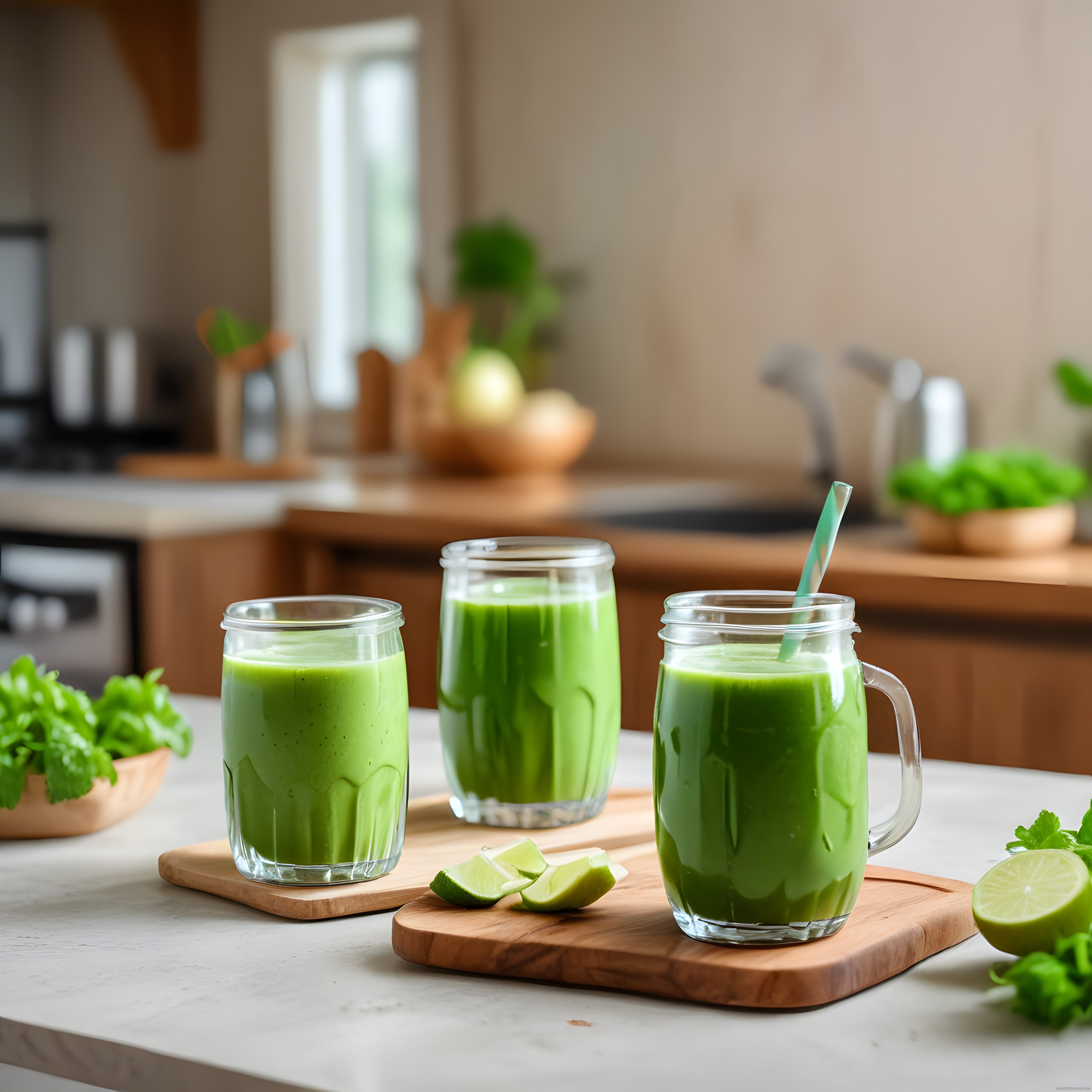 Ahşap Sunum Tahtasında Limonlu Taze Yeşil Detoks Smoothie Bardakları