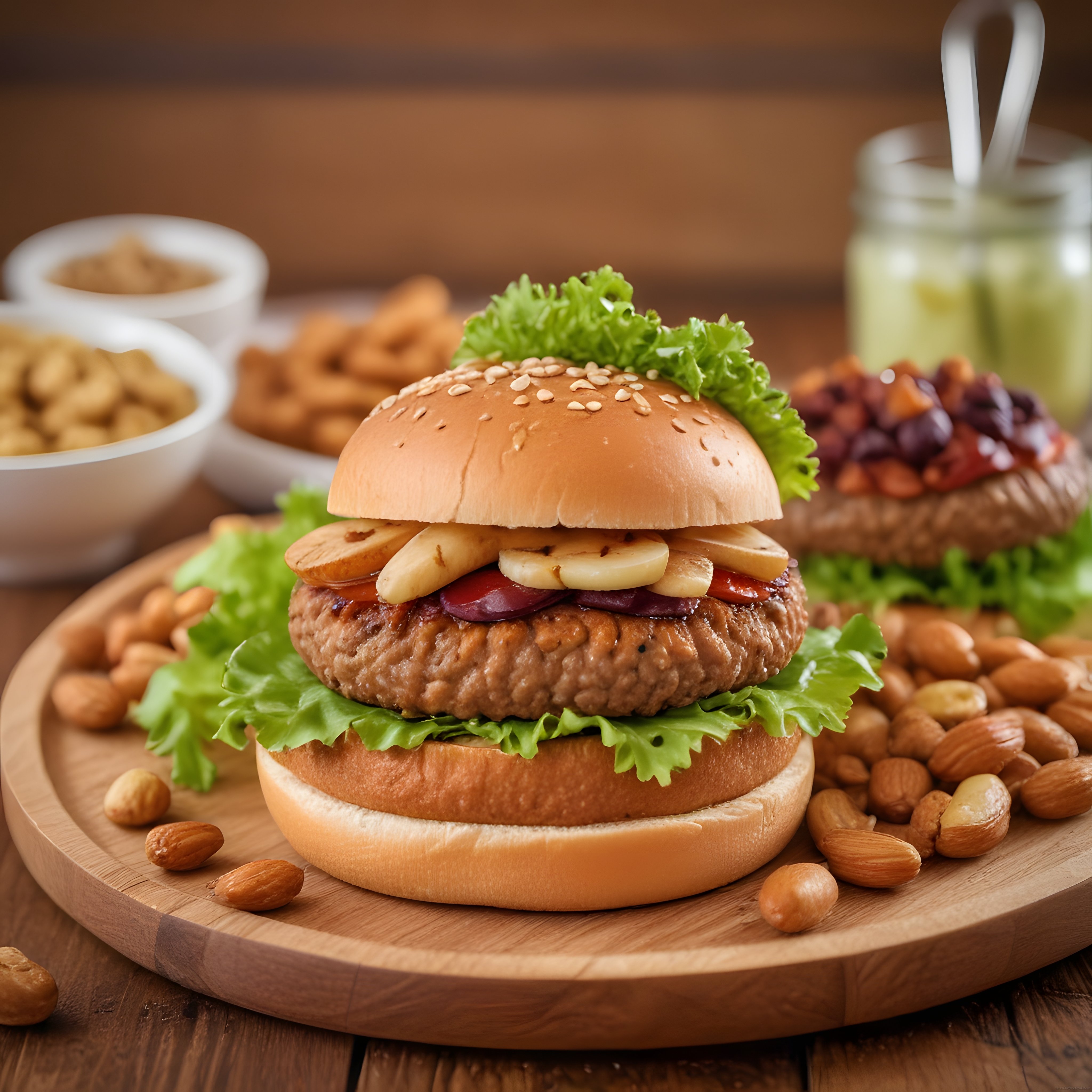 Ahşap Sunum Tahtasında Mantarlı Susamlı Hamburger Köftesi ve Kuru Yemişler Ahşap Sunum Tahtasında Mantarlı Susamlı Hamburger Köftesi ve Kuru Yemişler