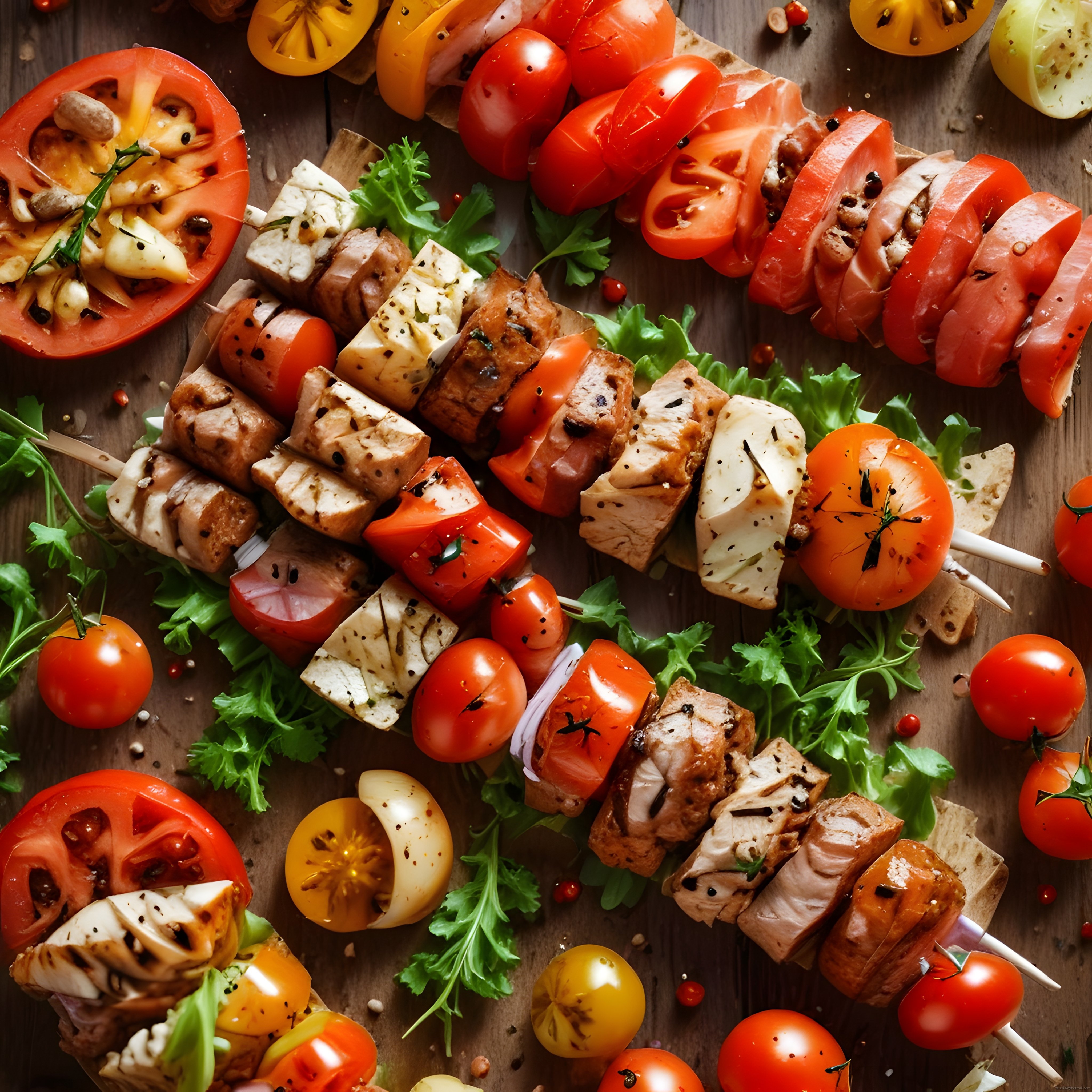 ahşap sunum tahtasında marine et şiş kebap hellim ve taze domatesler