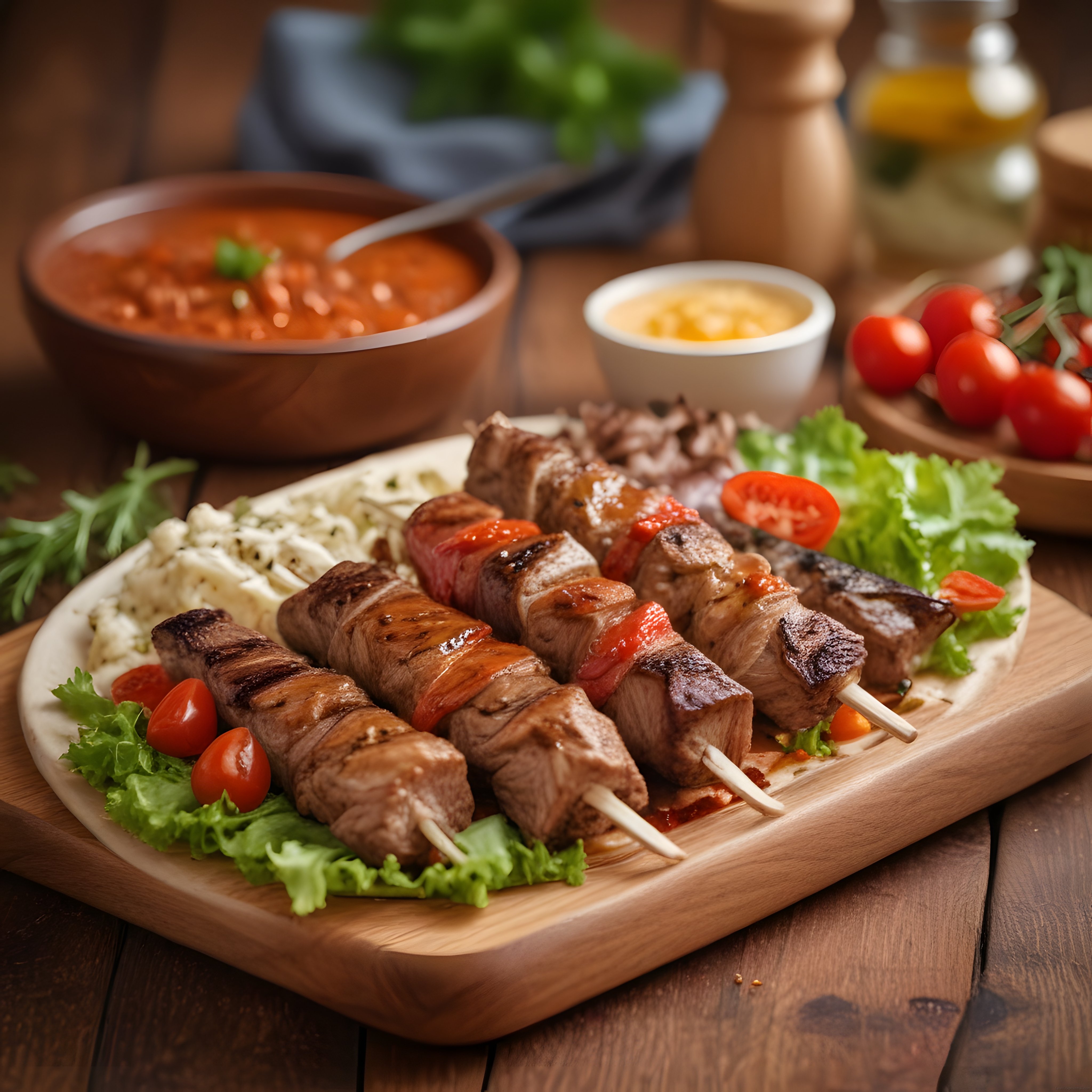 Ahşap Sunum Tahtasında Marine Et Şiş ve Soslarla Zengin Izgara Tabağı