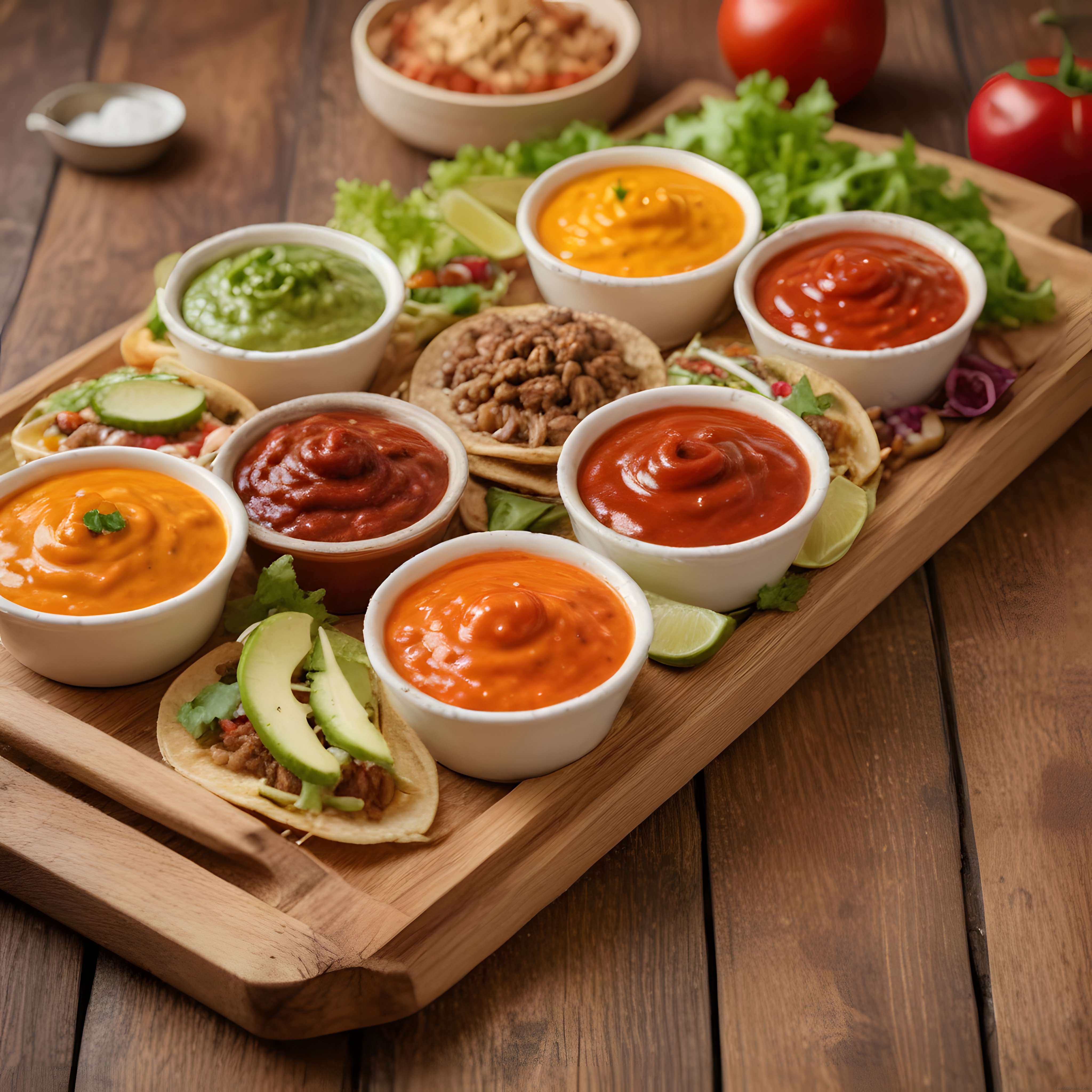 Ahşap Sunum Tahtasında Meksika Lezzetleri: Taco, Nachos ve Renkli Soslar