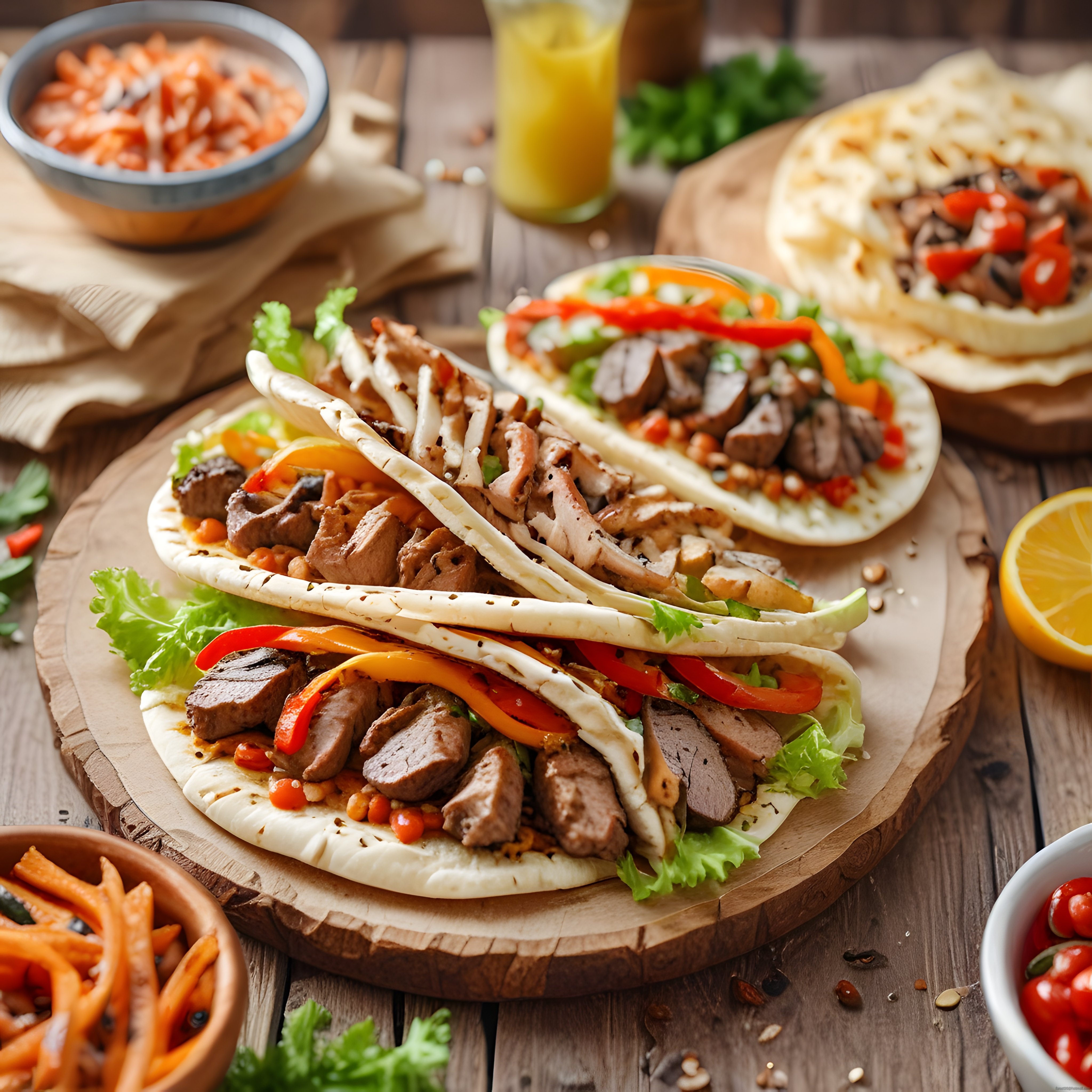 Ahşap Sunum Tahtasında Meksika Mutfağından Etli Taco ve Fajita Lezzeti