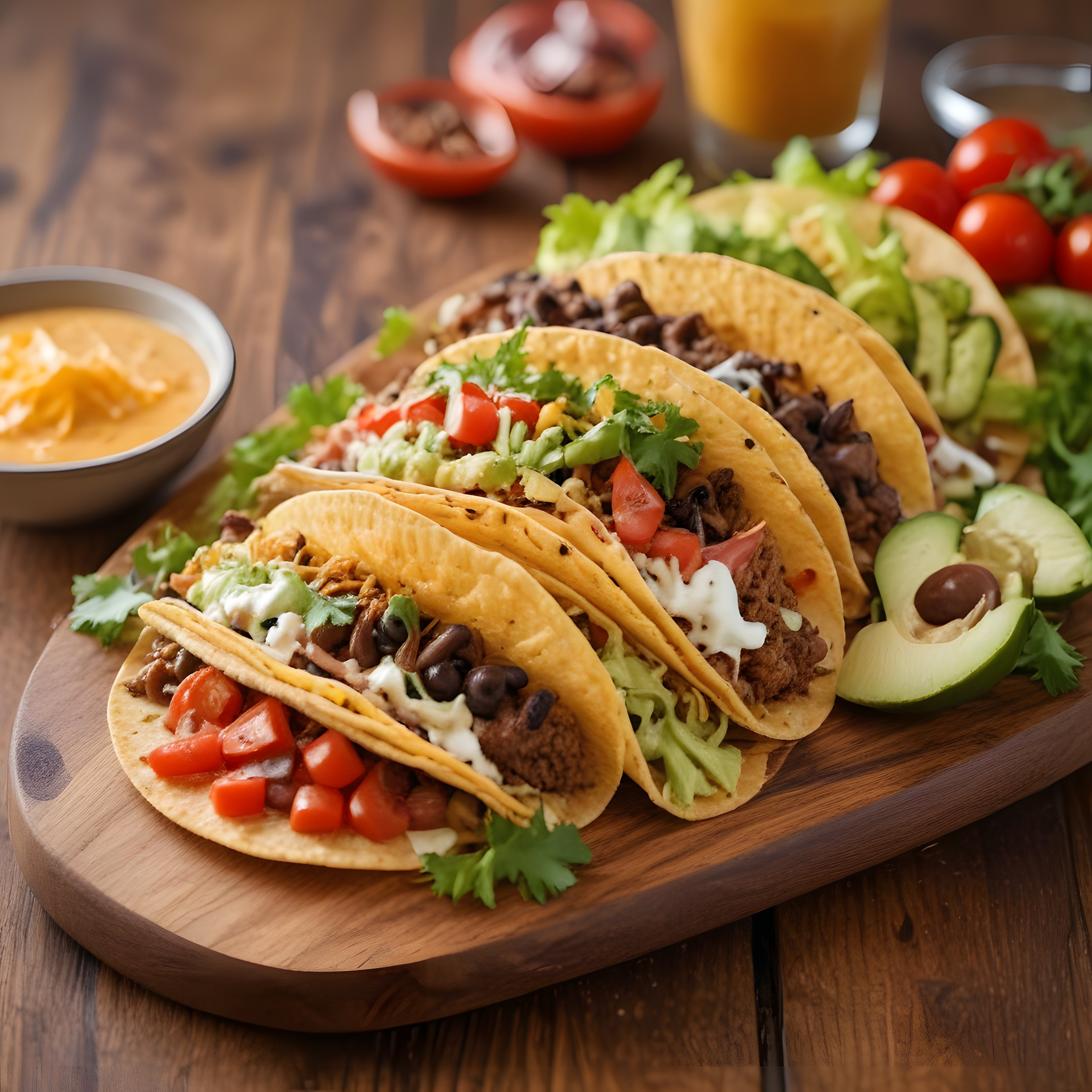 Ahşap Sunum Tahtasında Meksika Stili Tacos ve Taze Garnitürler