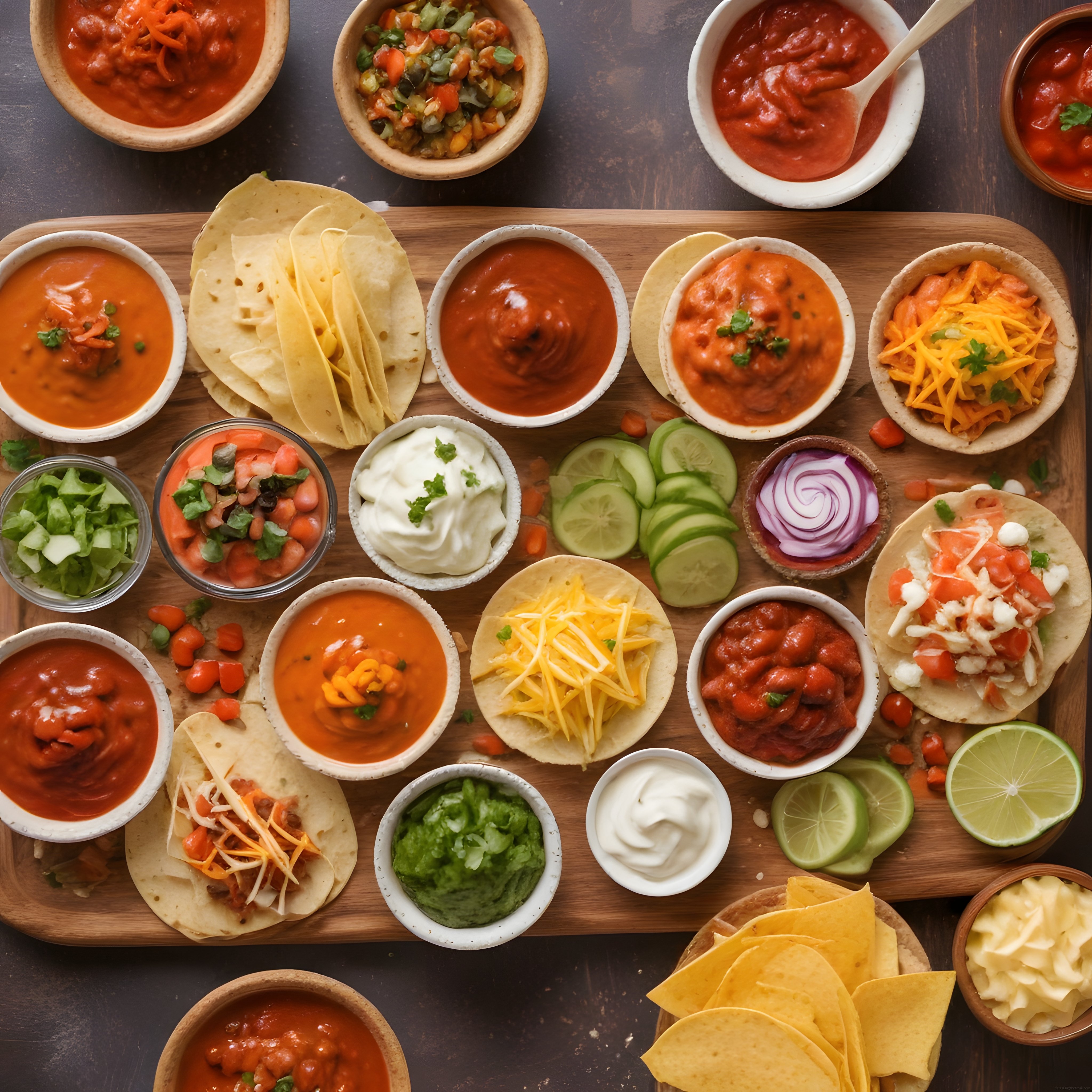 Ahşap Sunum Tahtasında Meksika Taco Çeşitleri ve Ev Yapımı Soslar