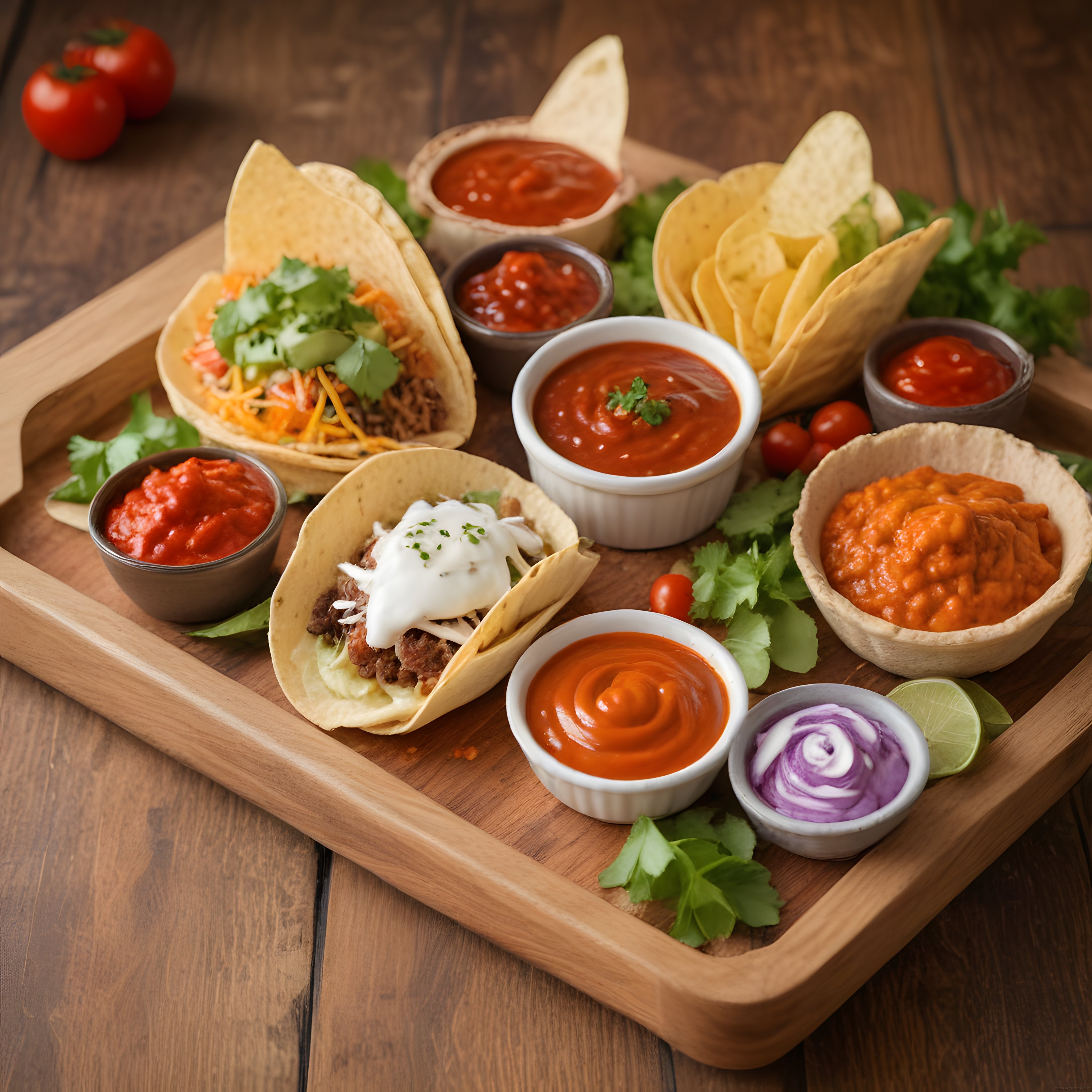 Ahşap Sunum Tahtasında Meksika Taco, Nachos ve Ev Yapımı Soslar