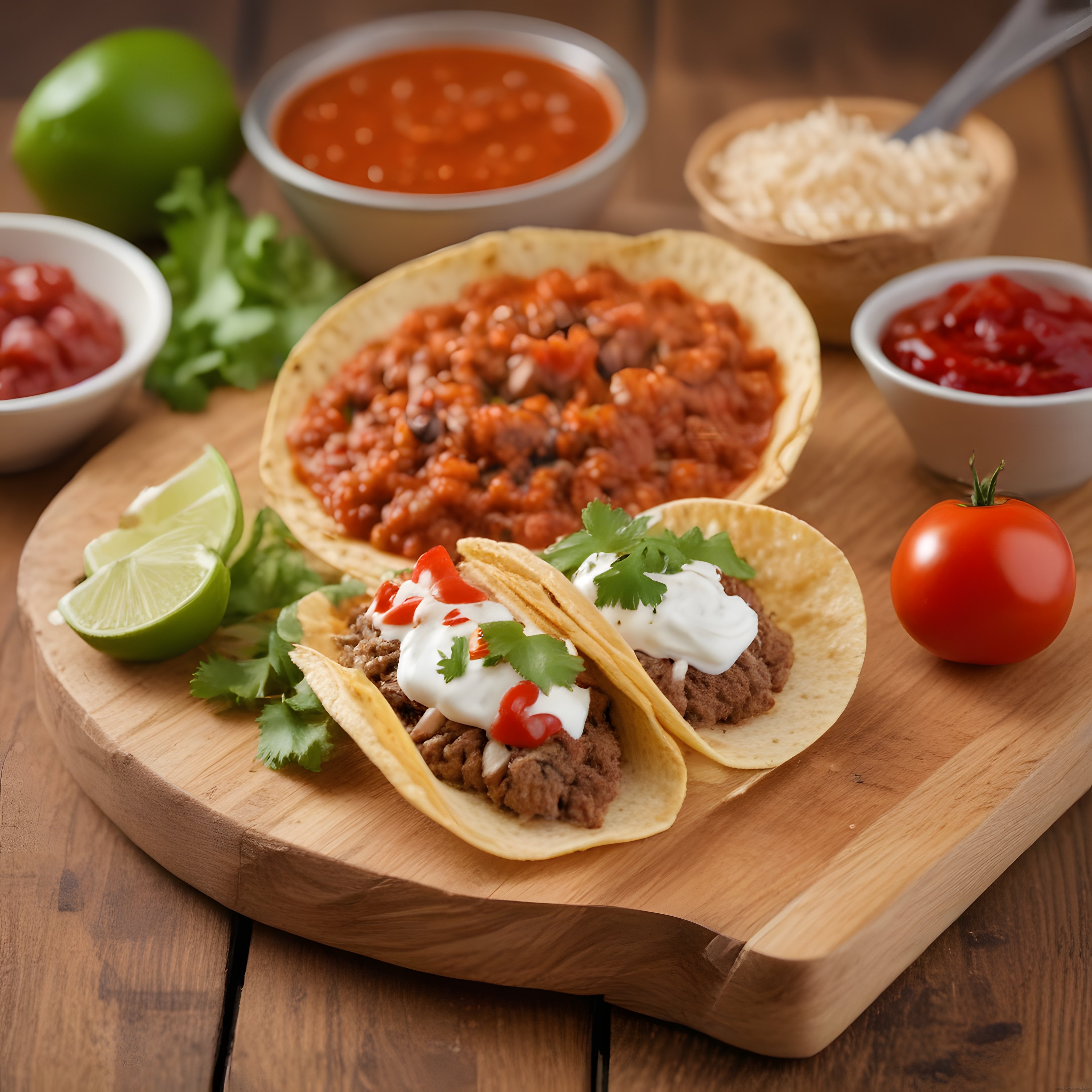 Ahşap sunum tahtasında Meksika tacos, limon ve ev yapımı soslar