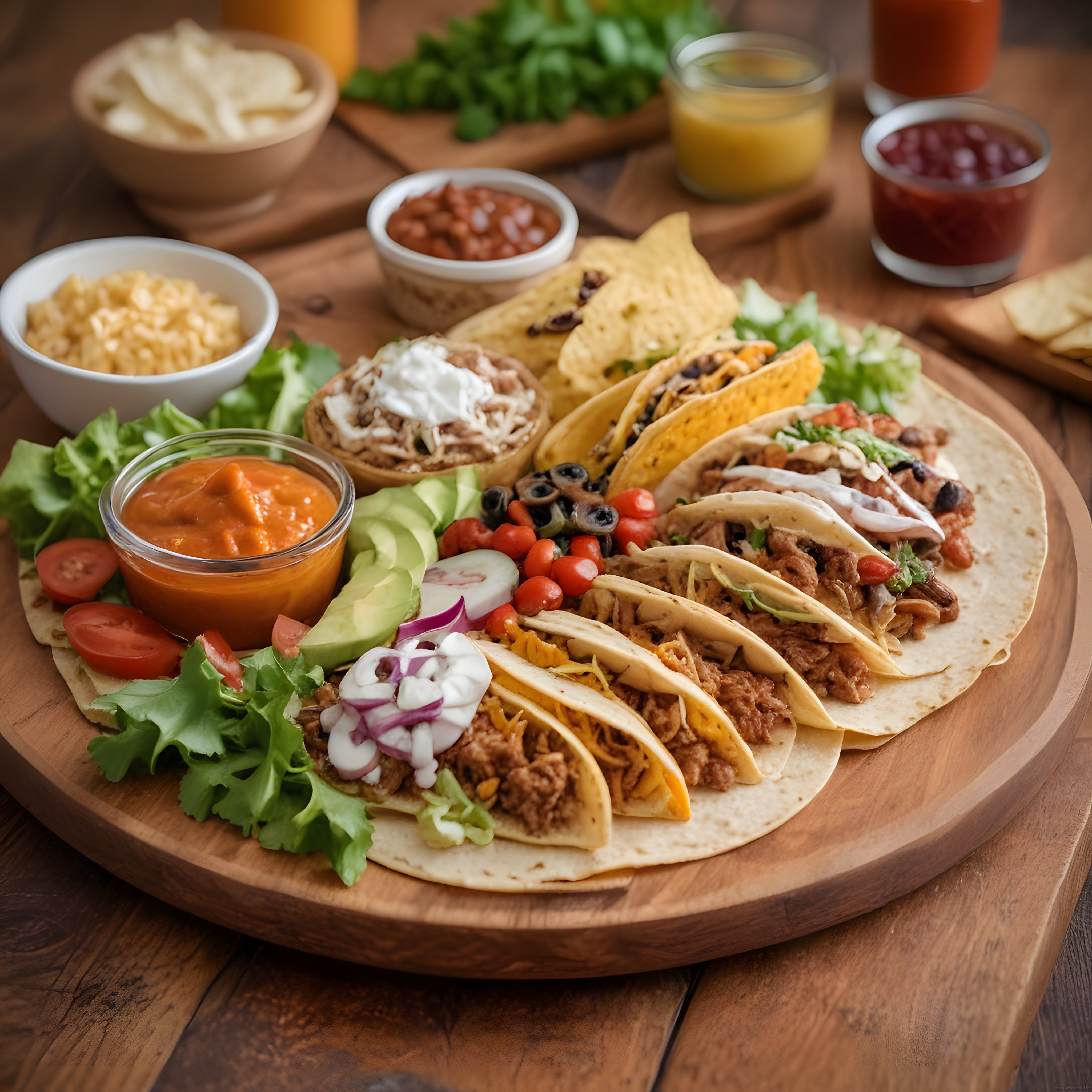 Ahşap Sunum Tahtasında Meksika Tacos, Nacholar, Soslar ve Taze Sebzeler