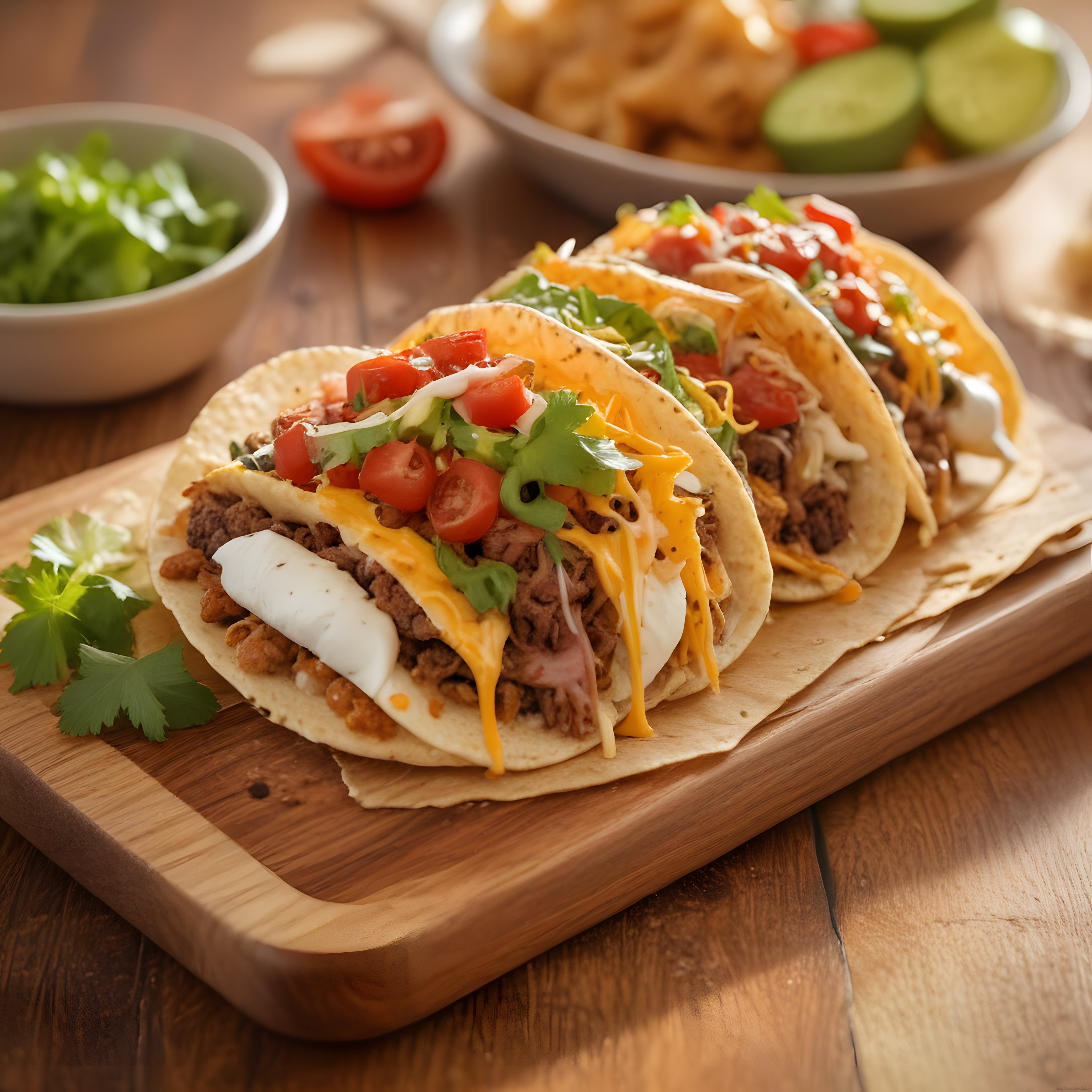 Ahşap Sunum Tahtasında Meksika Usulü Etli Peynirli Tacos ve Nachos Servisi