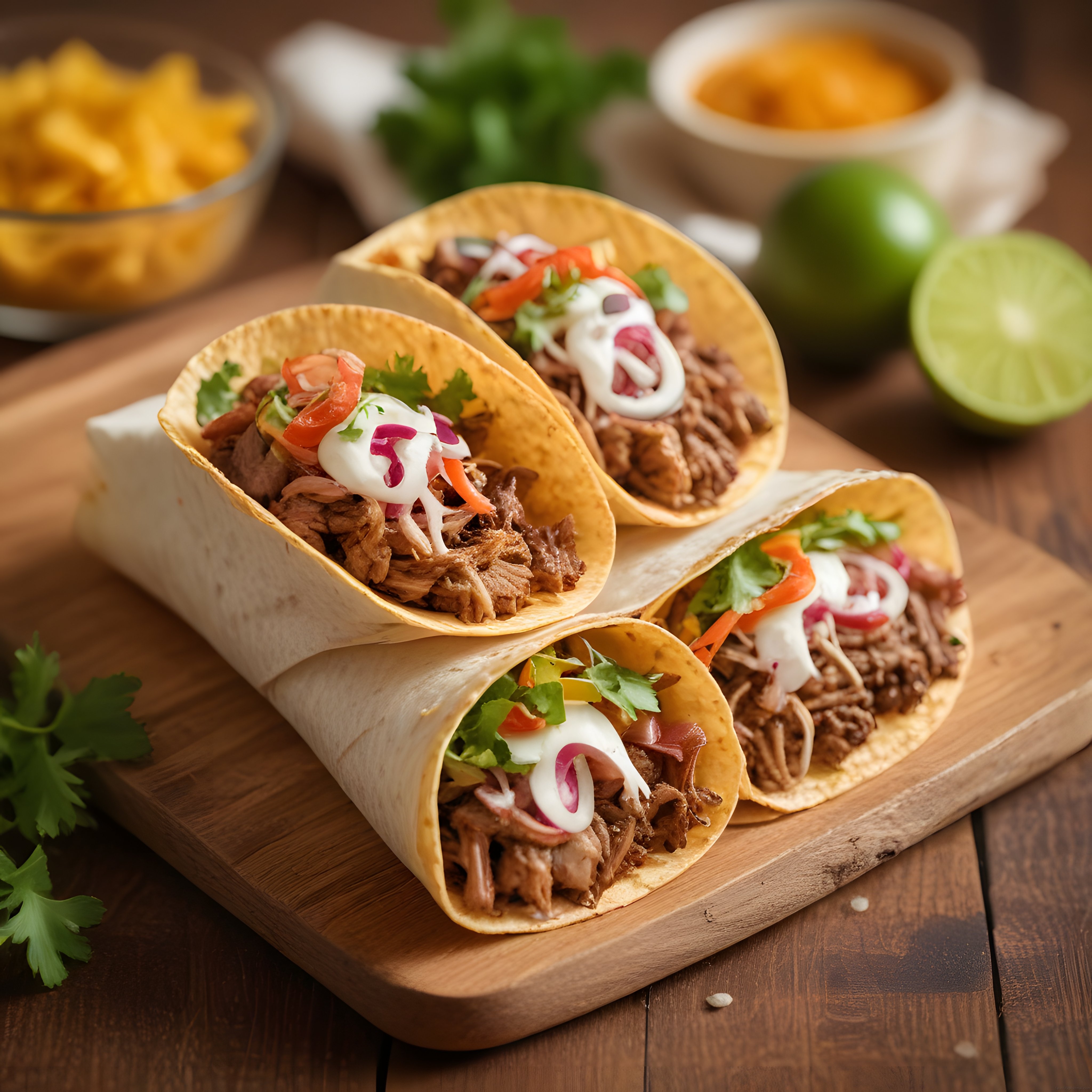 Ahşap Sunum Tahtasında Meksika Usulü Etli Taco, Burrito ve Taze Soslar