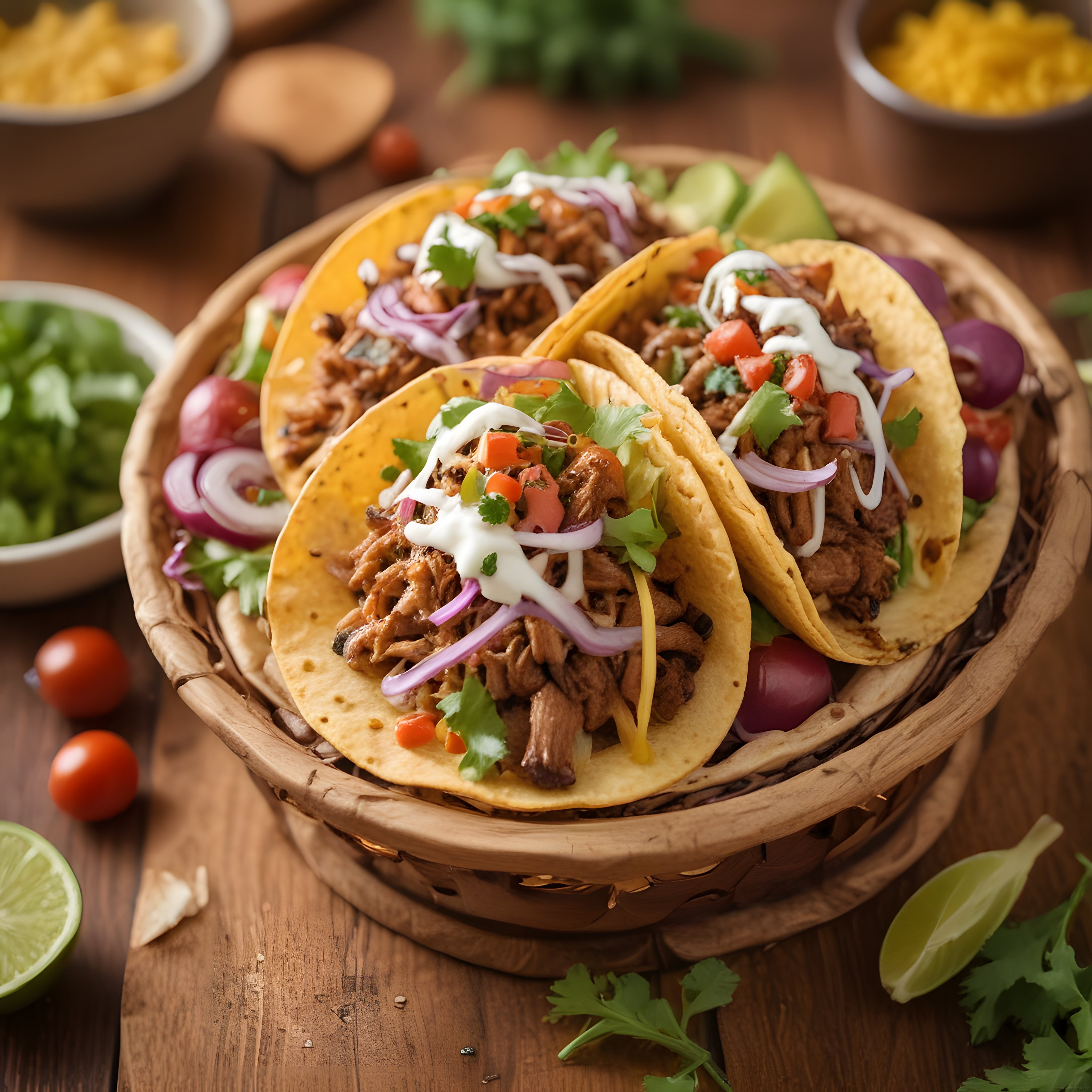 Ahşap Sunum Tahtasında Meksika Usulü Etli Tacos ve Taze Garnitürler