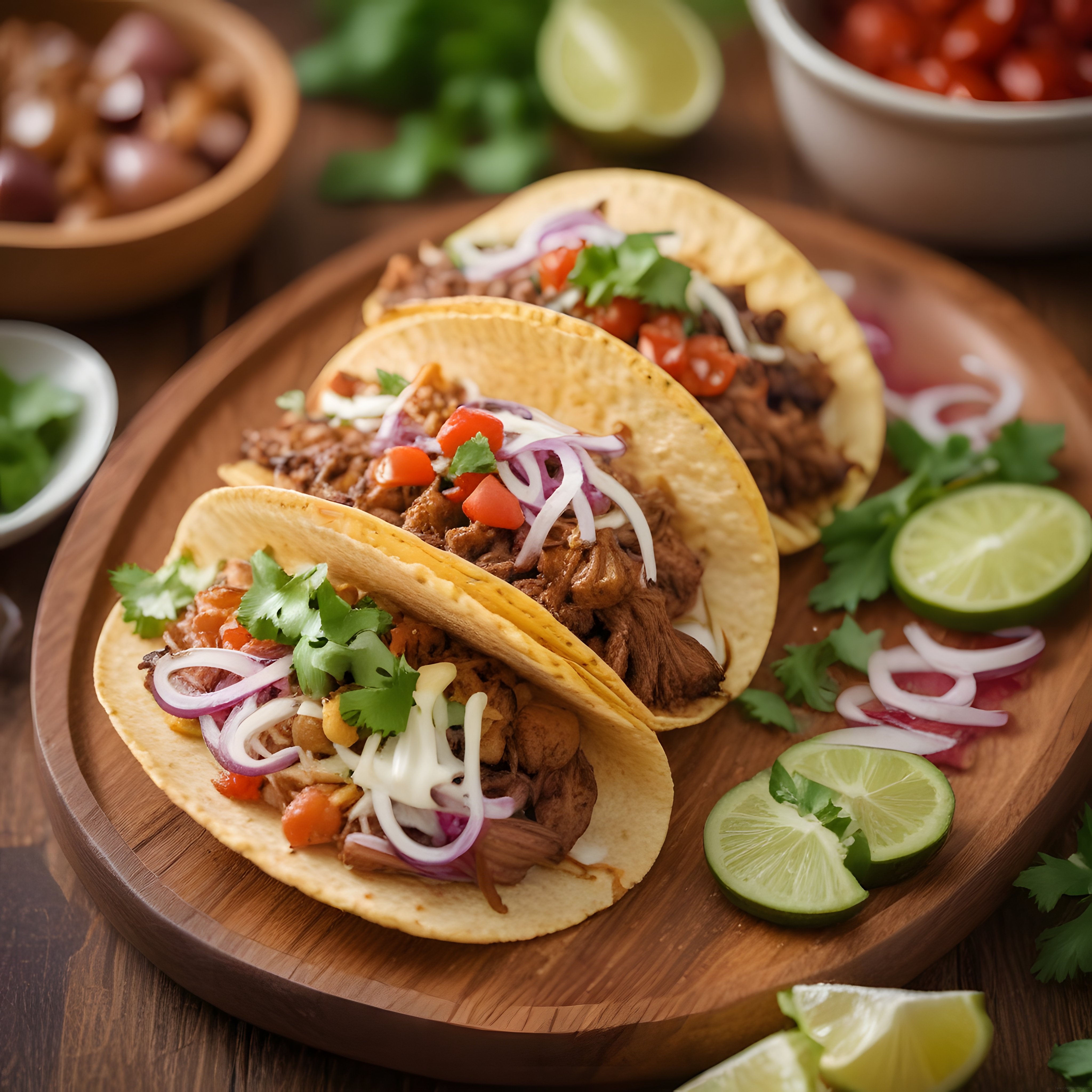 Ahşap Sunum Tahtasında Meksika Usulü Etli Tacos ve Taze Limon Dilimleri
