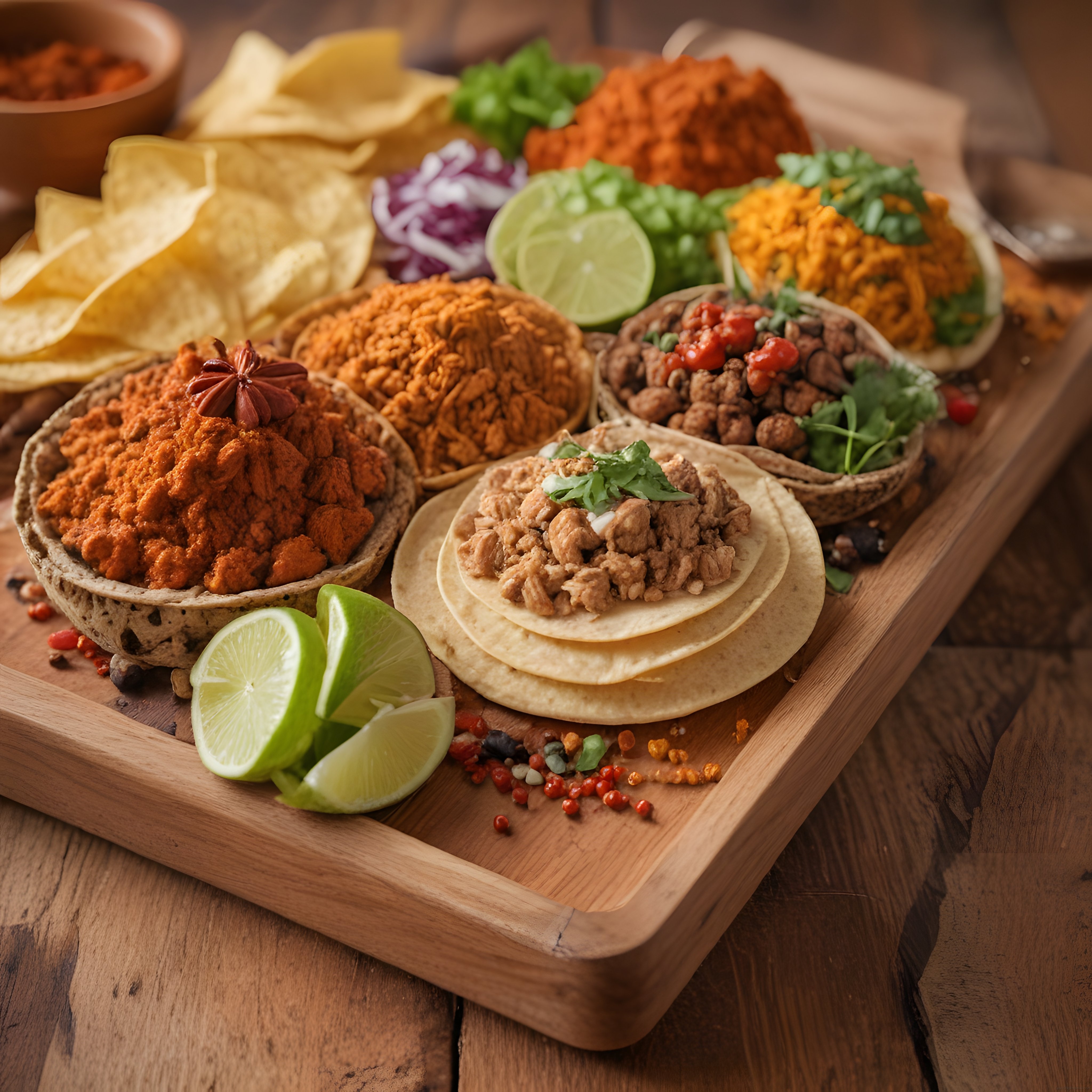 Ahşap sunum tahtasında Meksika usulü taco, cips ve özel soslarla hazırlanan sofra