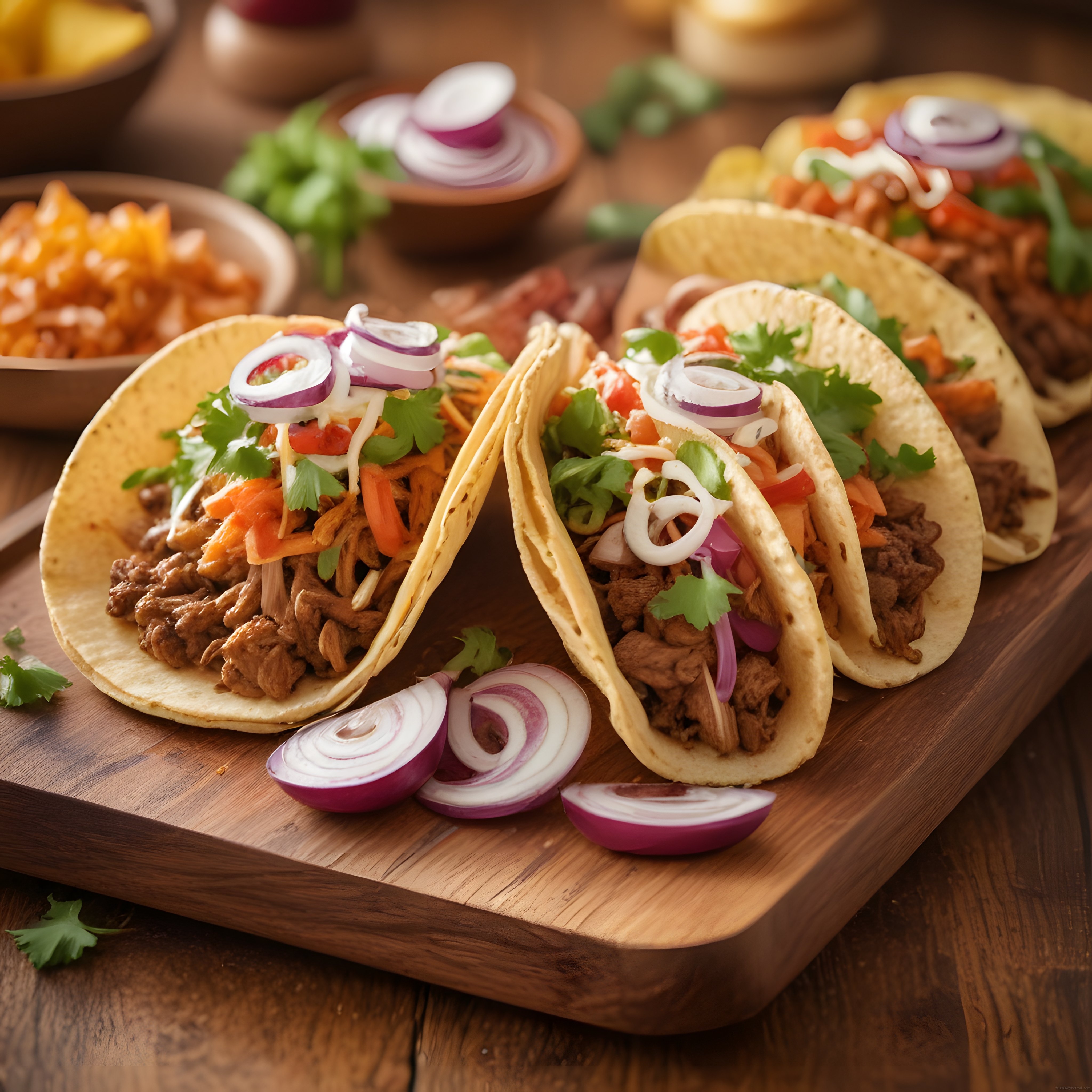 Ahşap Sunum Tahtasında Meksika Usulü Tacos ve Taze Garnitürler
