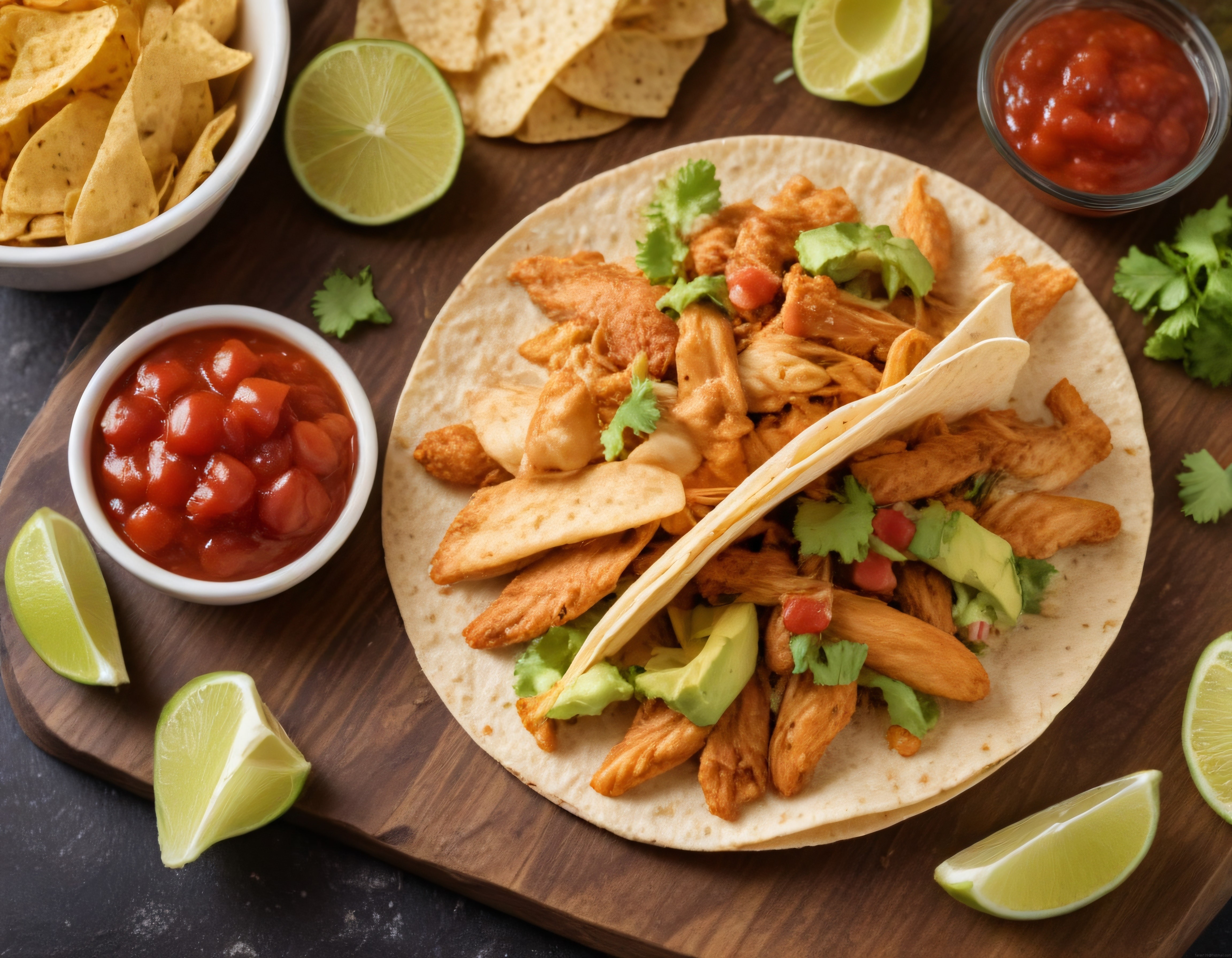 Ahşap Sunum Tahtasında Meksika Usulü Tavuklu Taco ve Salsa Sosu