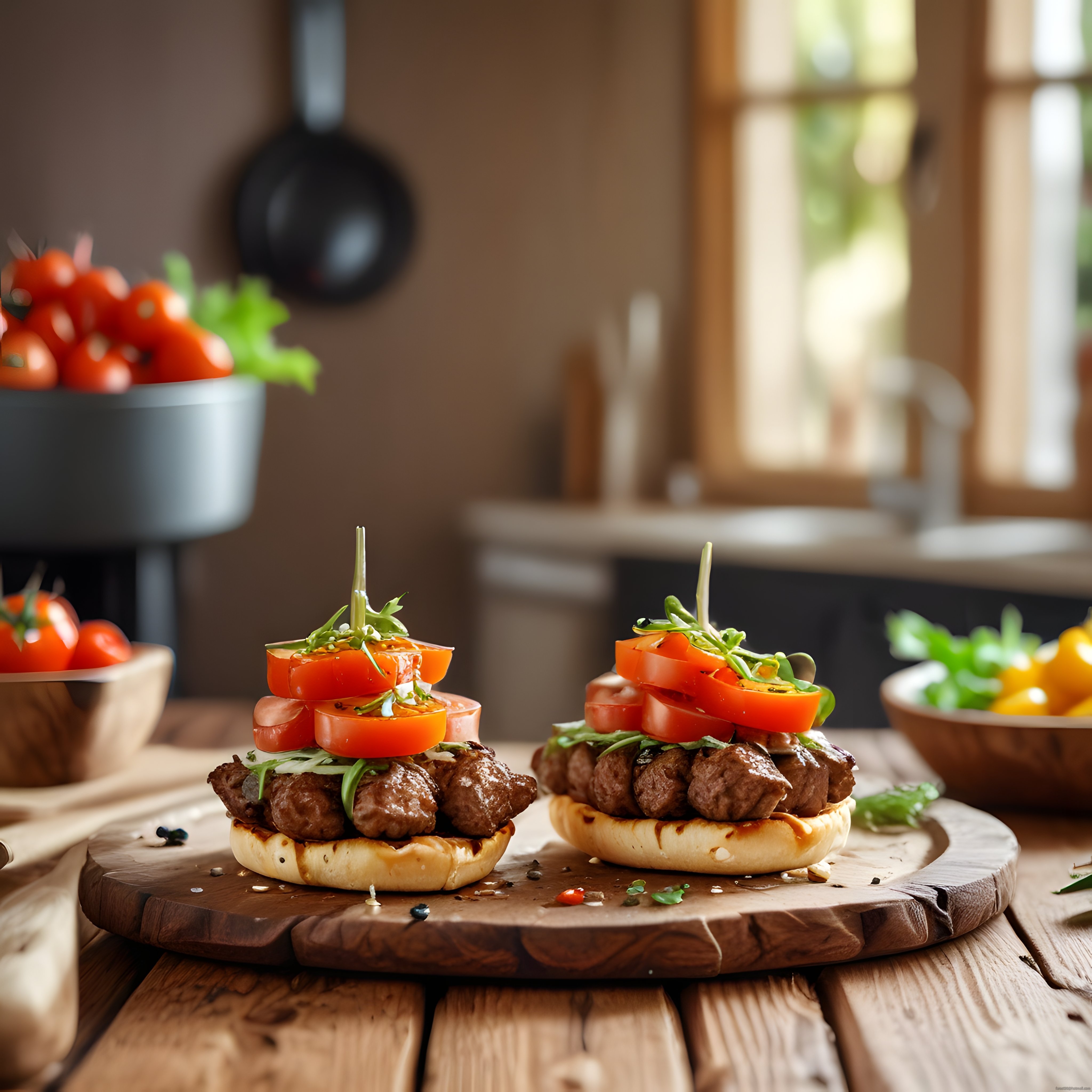 Ahşap Sunum Tahtasında Mini Köfte Burger ve Rustik Mutfak Atmosferi