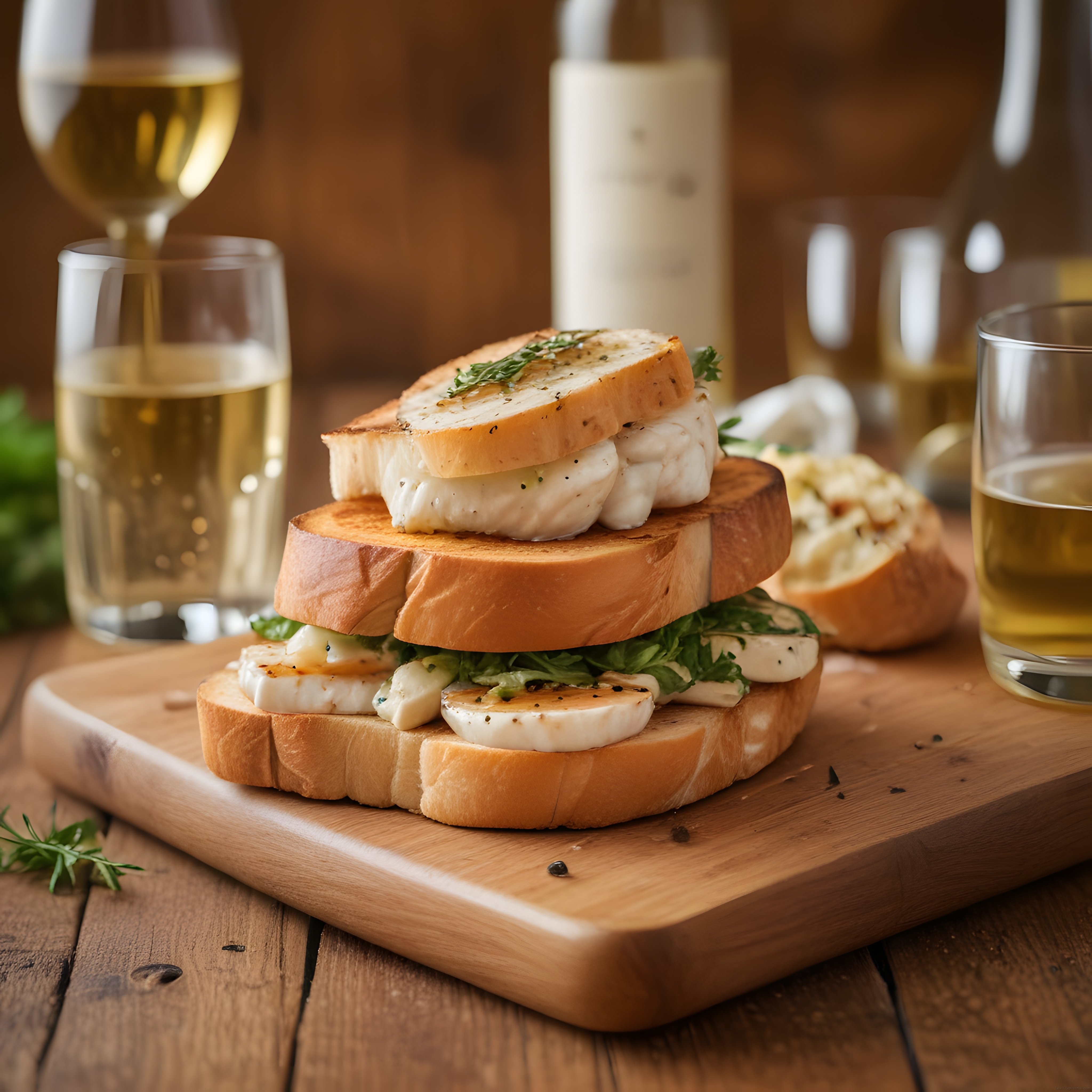 Ahşap Sunum Tahtasında Mozzarella Sandviç ve Beyaz Şarap Eşleşmesi