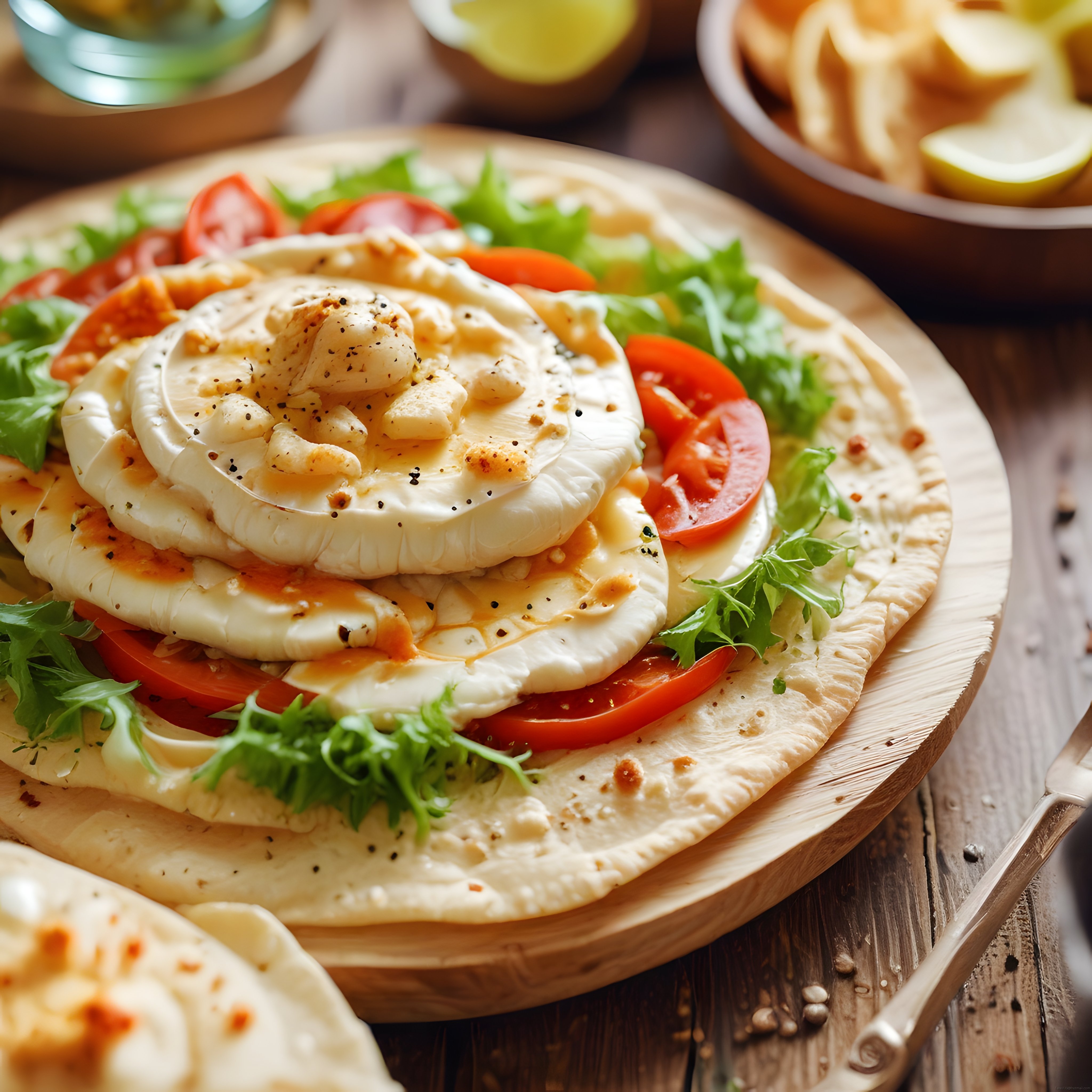 Ahşap Sunum Tahtasında Mozzarella ve Domatesli Ev Yapımı Flatbread