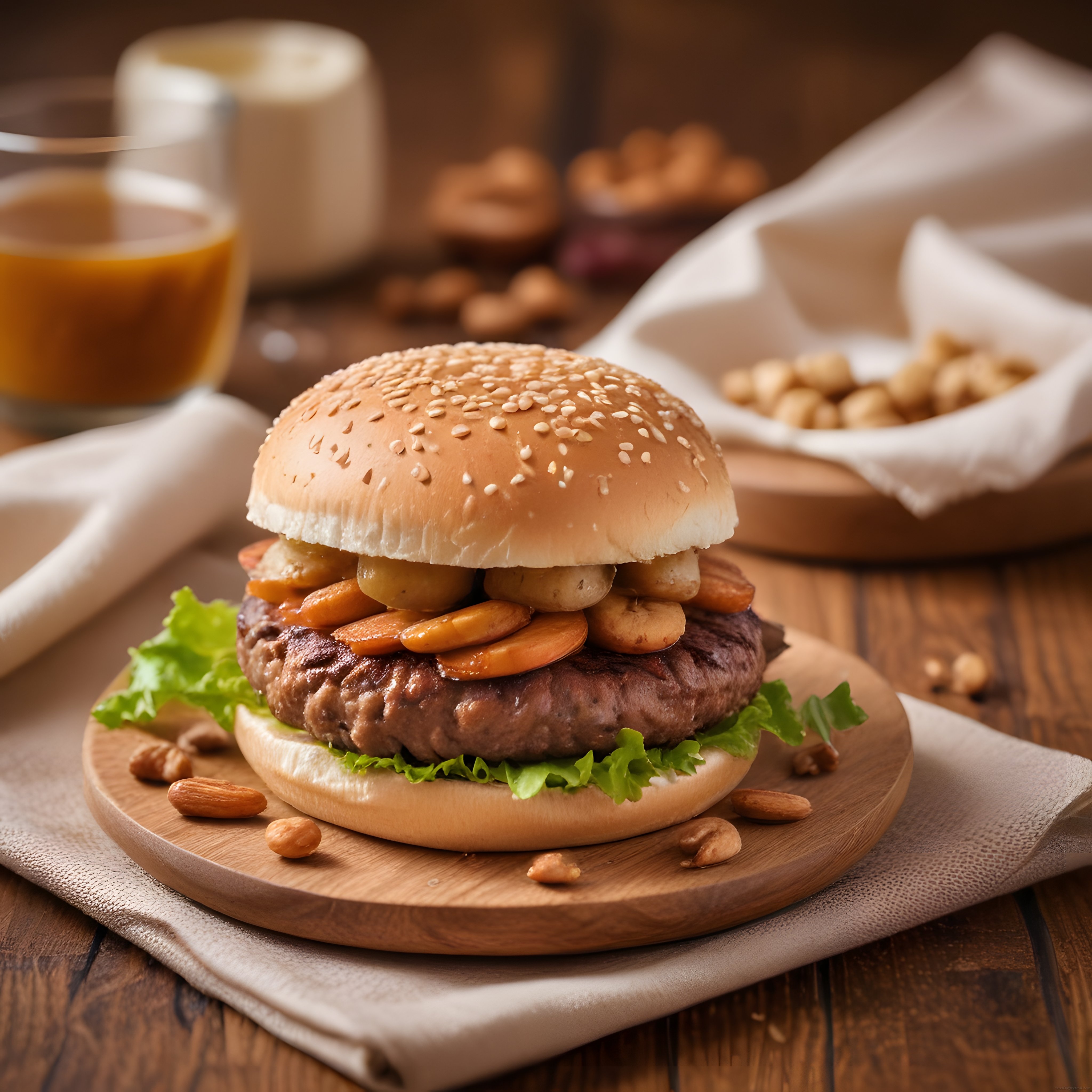 Ahşap Sunum Tahtasında Muz ve Bademli Egzotik Hamburger Köftesi