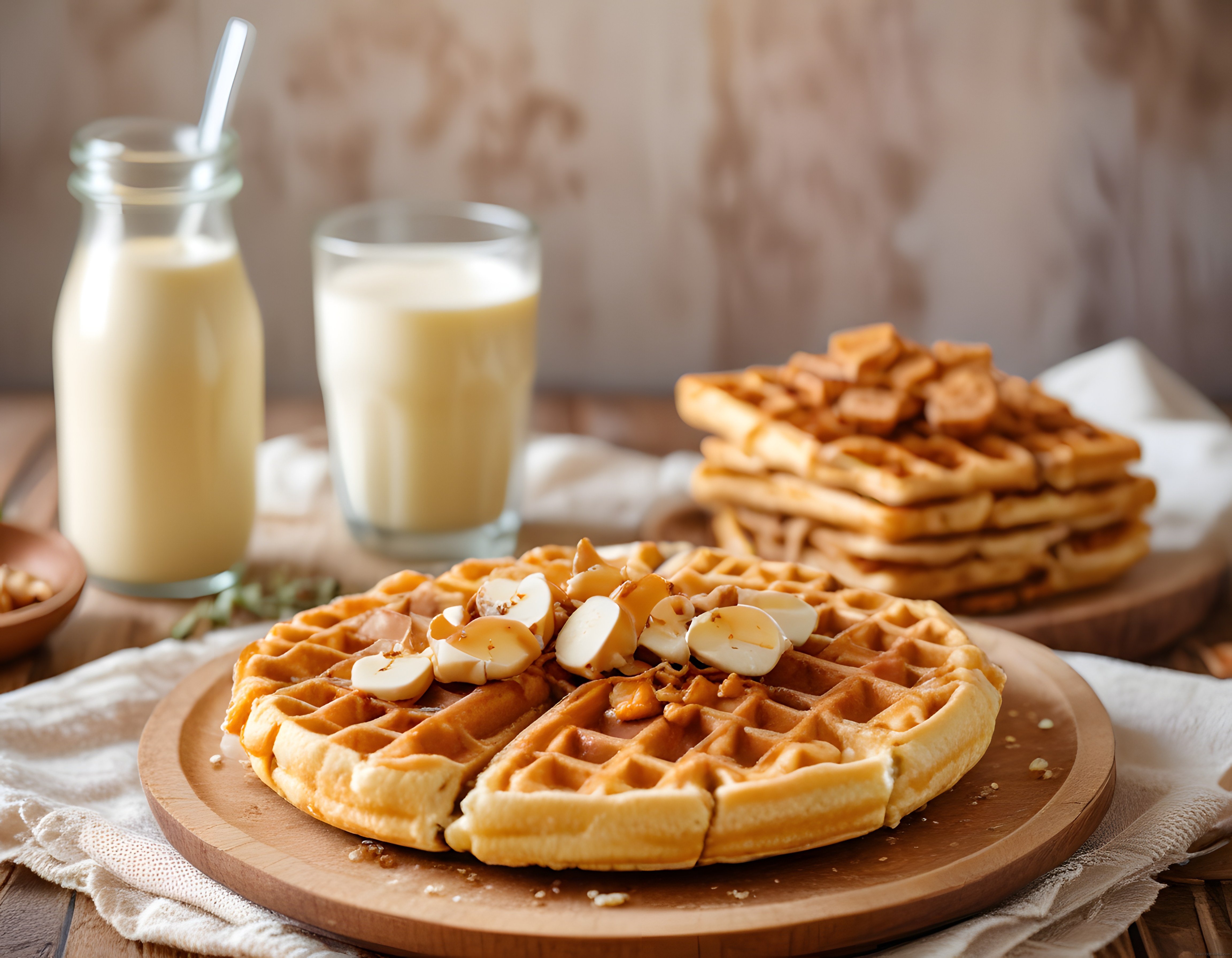 Ahşap Sunum Tahtasında Muzlu ve Fındıklı Waffle ile Sıcak Kahvaltı Keyfi