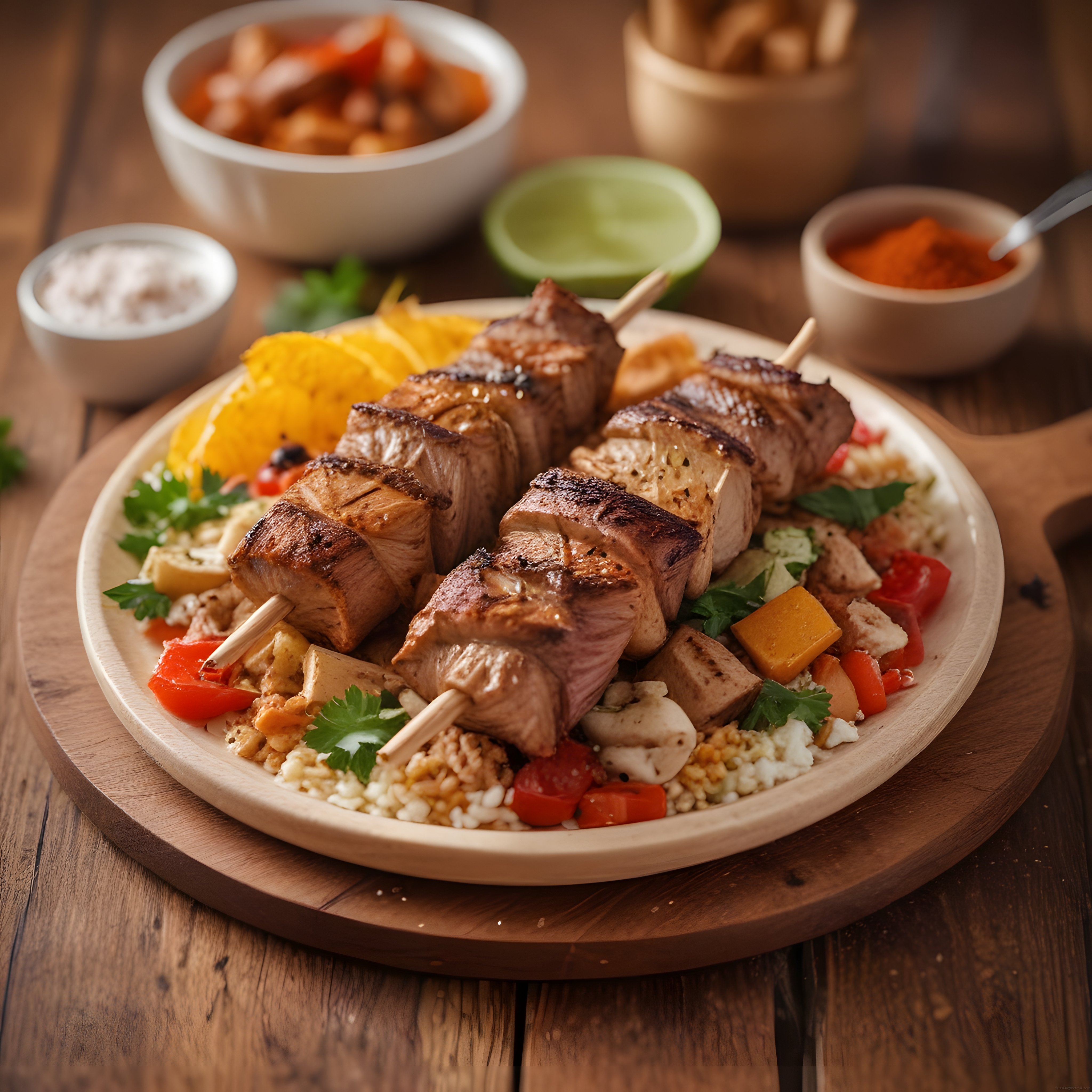 Ahşap Sunum Tahtasında Nefis Izgara Şiş Kebap, Taze Sebzeler ve Pirinç Pilavı