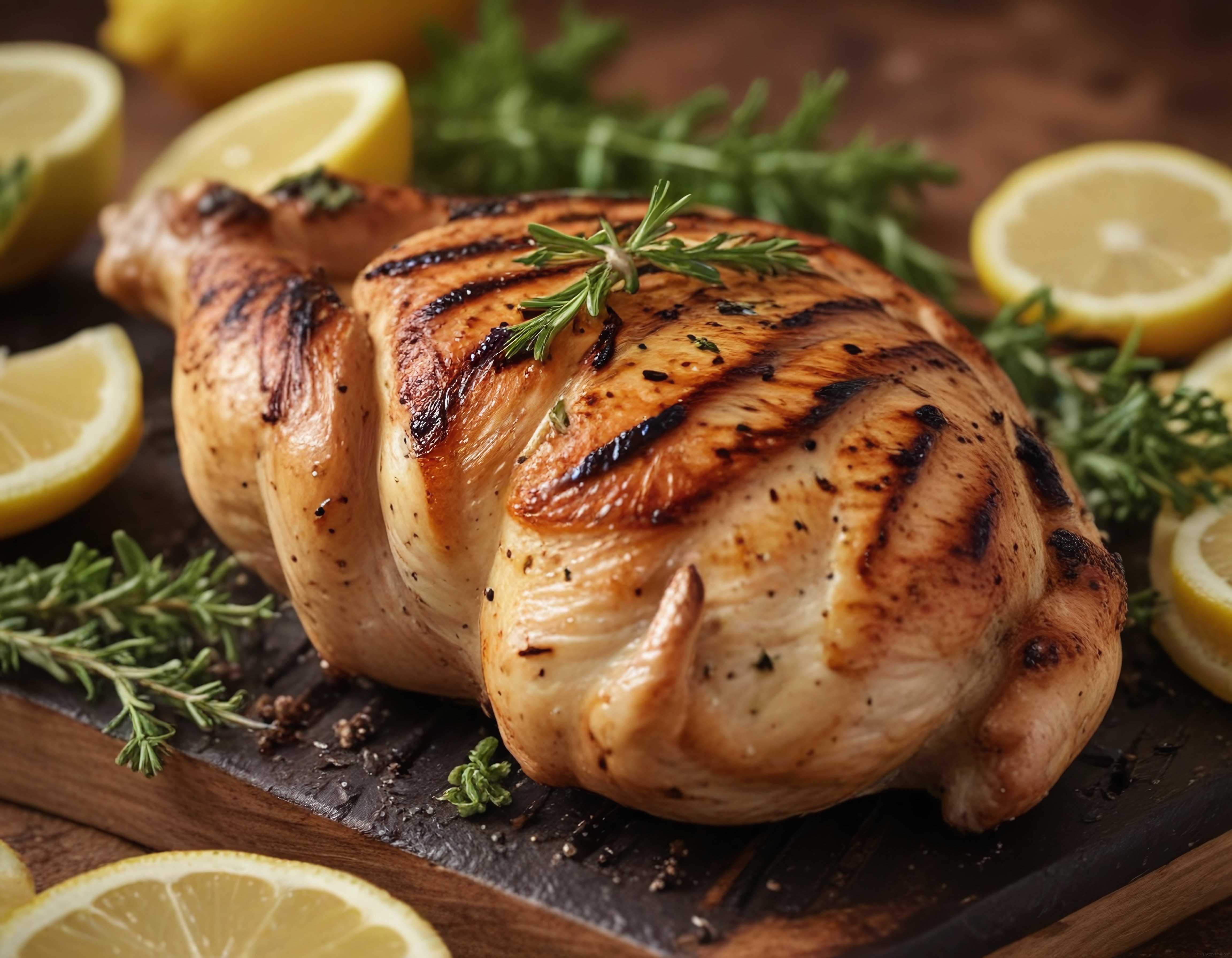 Ahşap sunum tahtasında nefis kızarmış ızgarada biberiyeli limonlu bütün tavuk