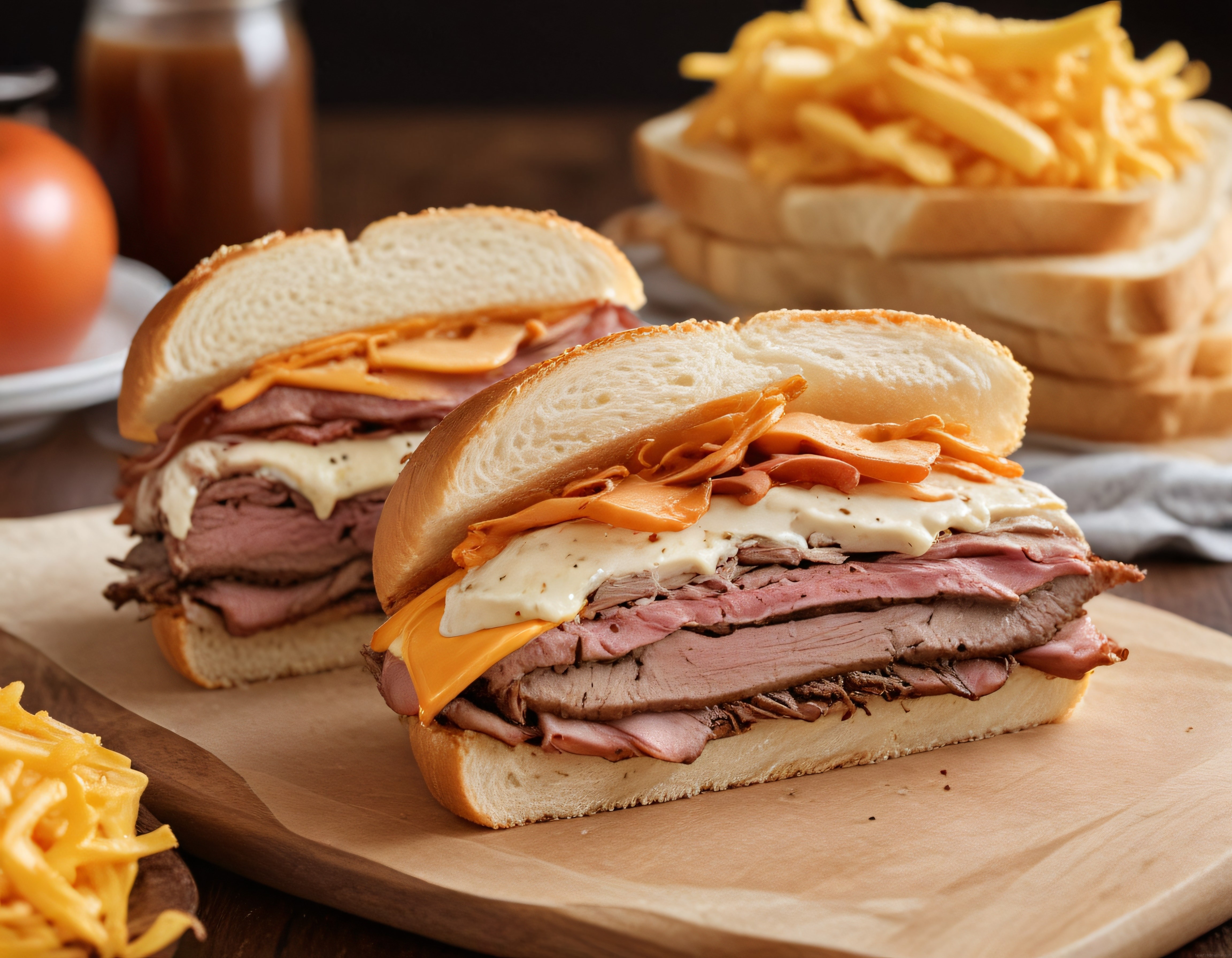 Ahşap Sunum Tahtasında Nefis Roast Beef Sandviç ve Patates Kızartması