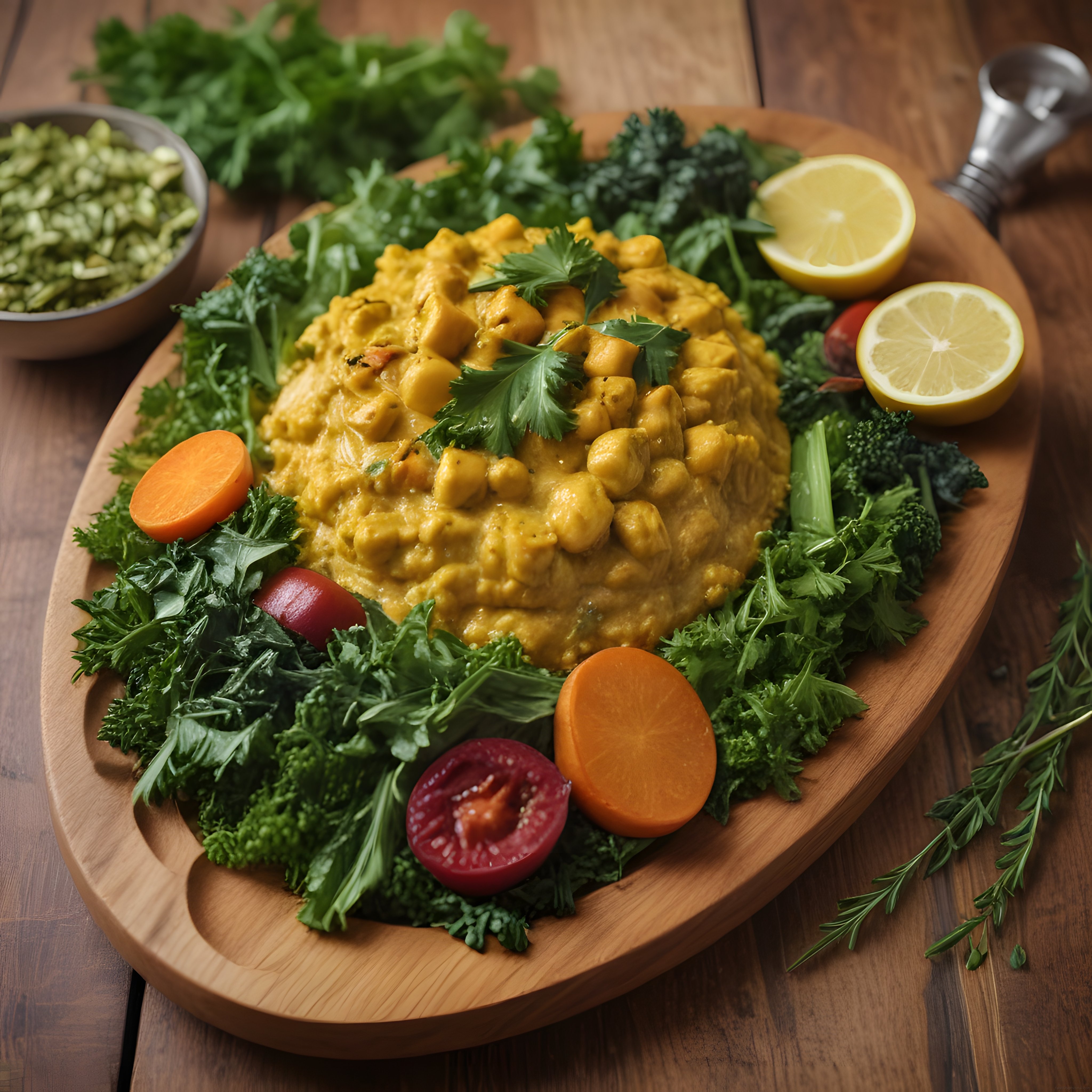 Ahşap sunum tahtasında nohutlu köri ve taze yeşilliklerle dolgun vegan tabak