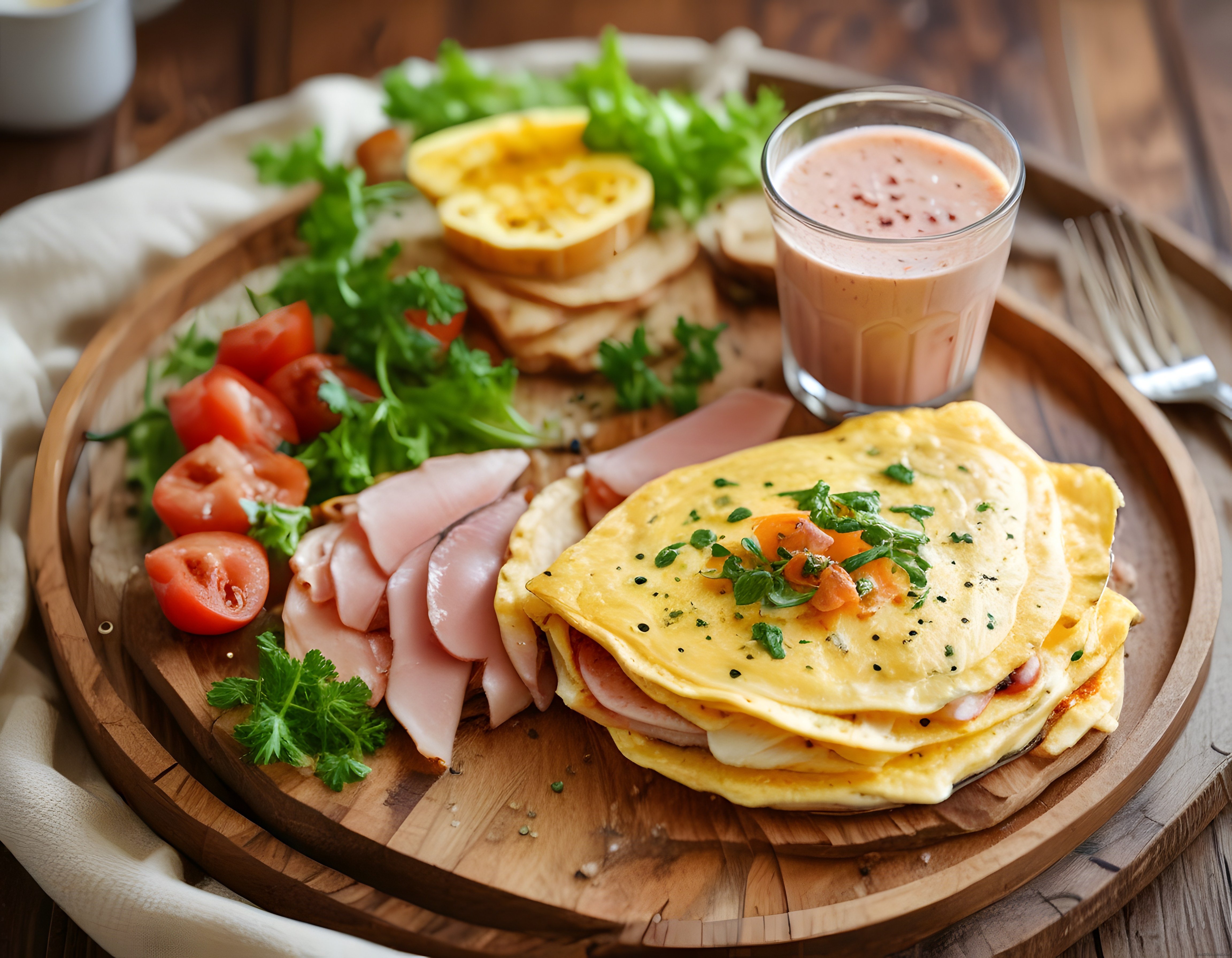 Ahşap Sunum Tahtasında Omlet ve Jambon ile Zengin Kahvaltı Tabağı