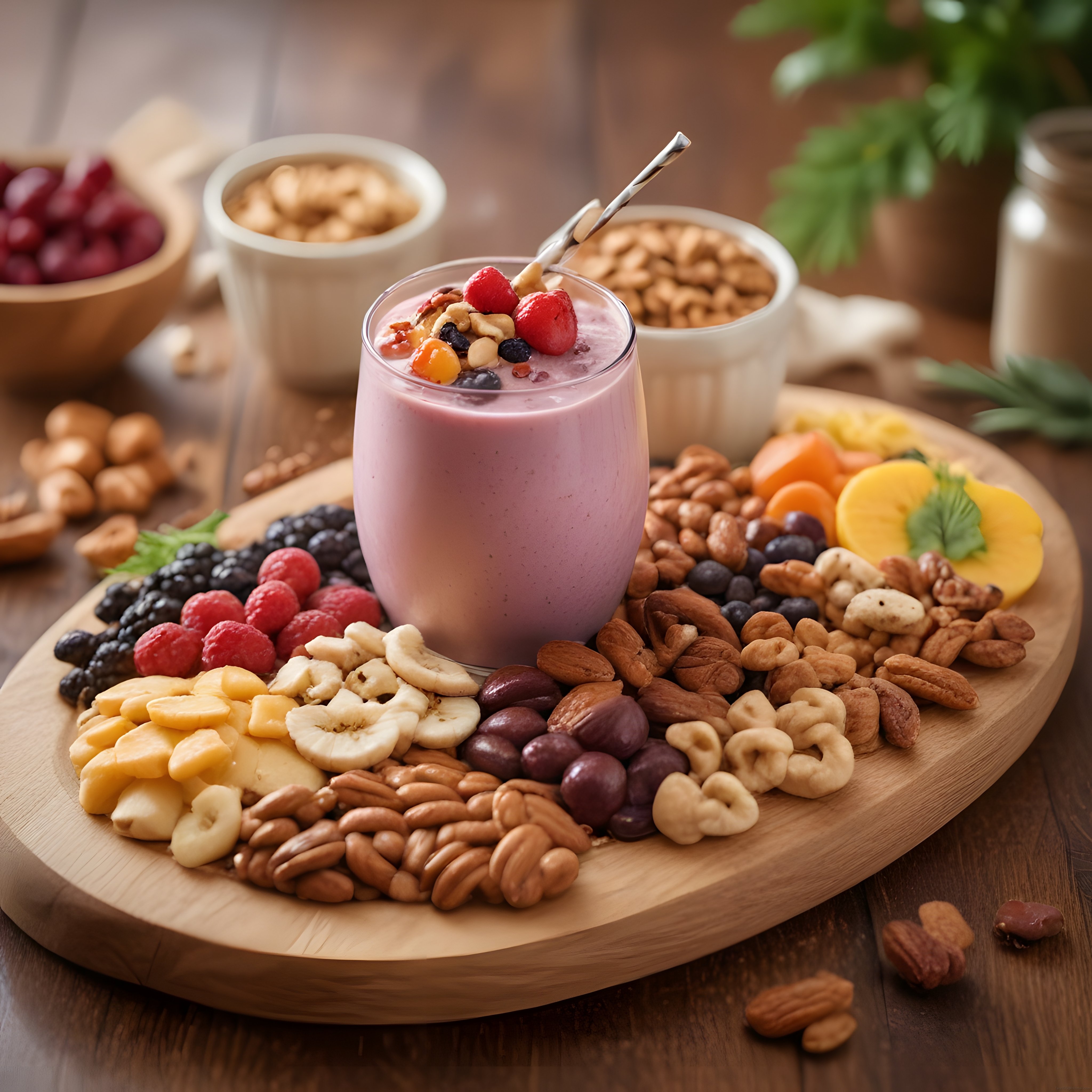 Ahşap Sunum Tahtasında Orman Meyveli Smoothie ve Taze Kuruyemiş Kahvaltısı