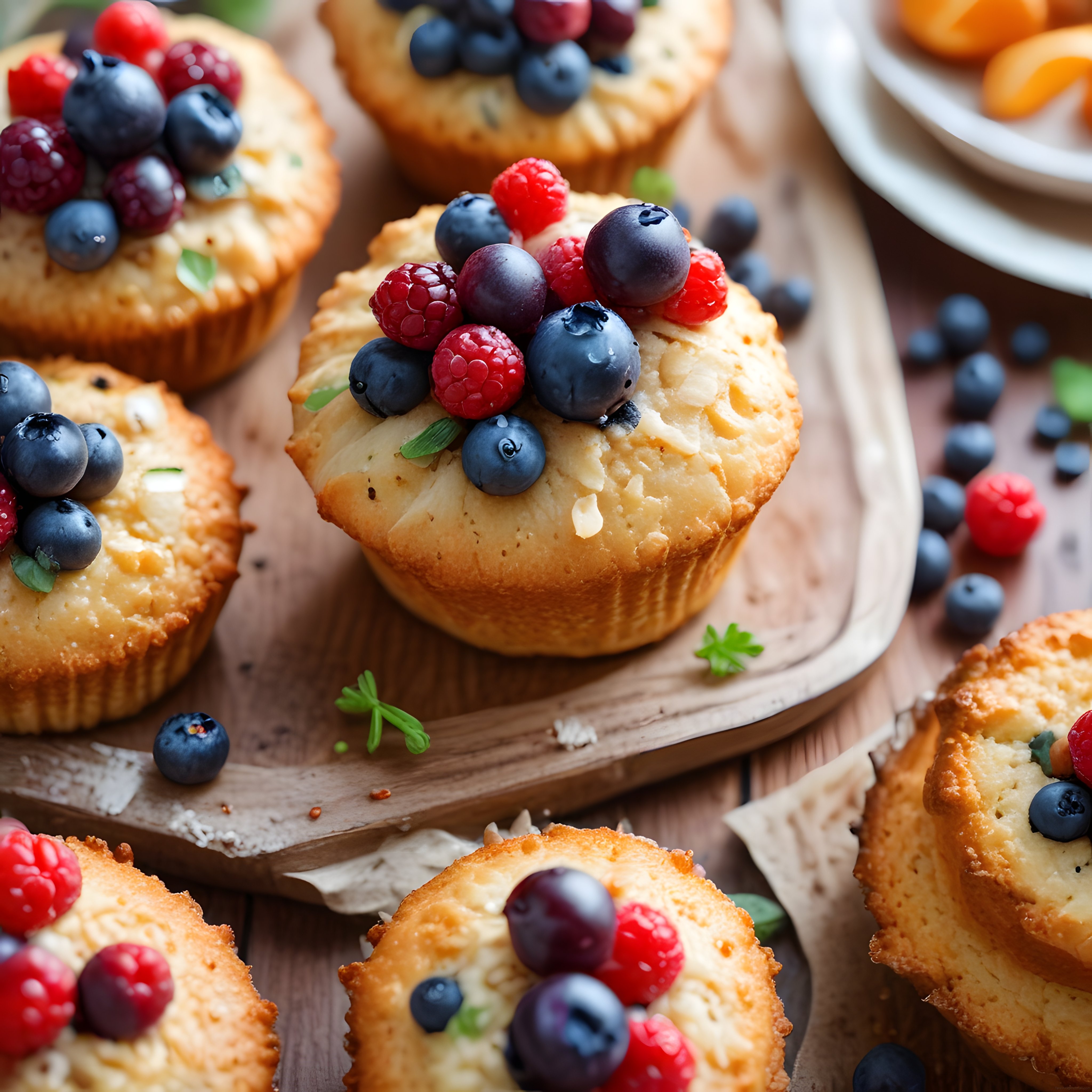 Ahşap Sunum Tahtasında Orman Meyveli Taptaze Fırından Yeni Çıkmış Muffin