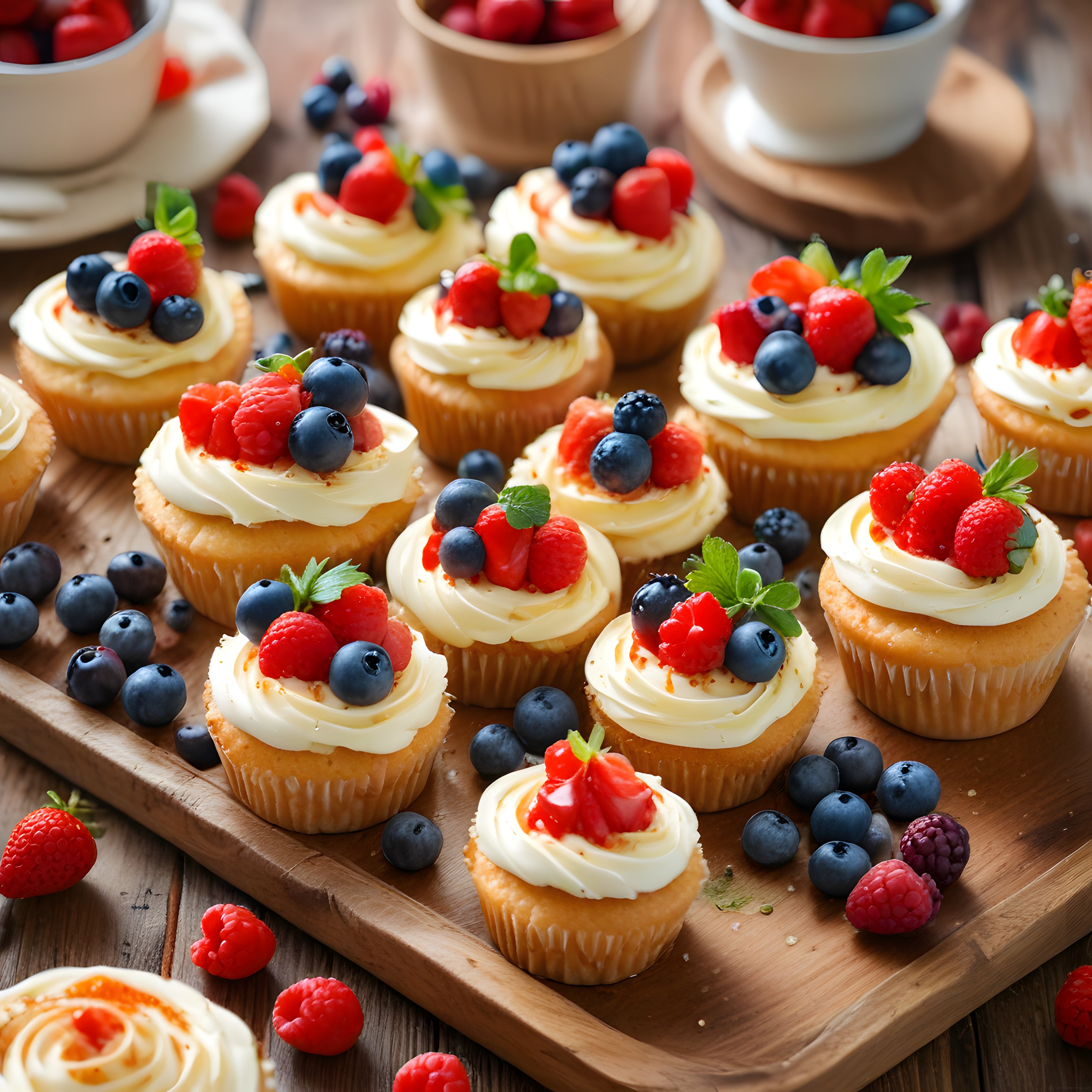 Ahşap sunum tahtasında orman meyveli ve kremalı taze cupcakeler