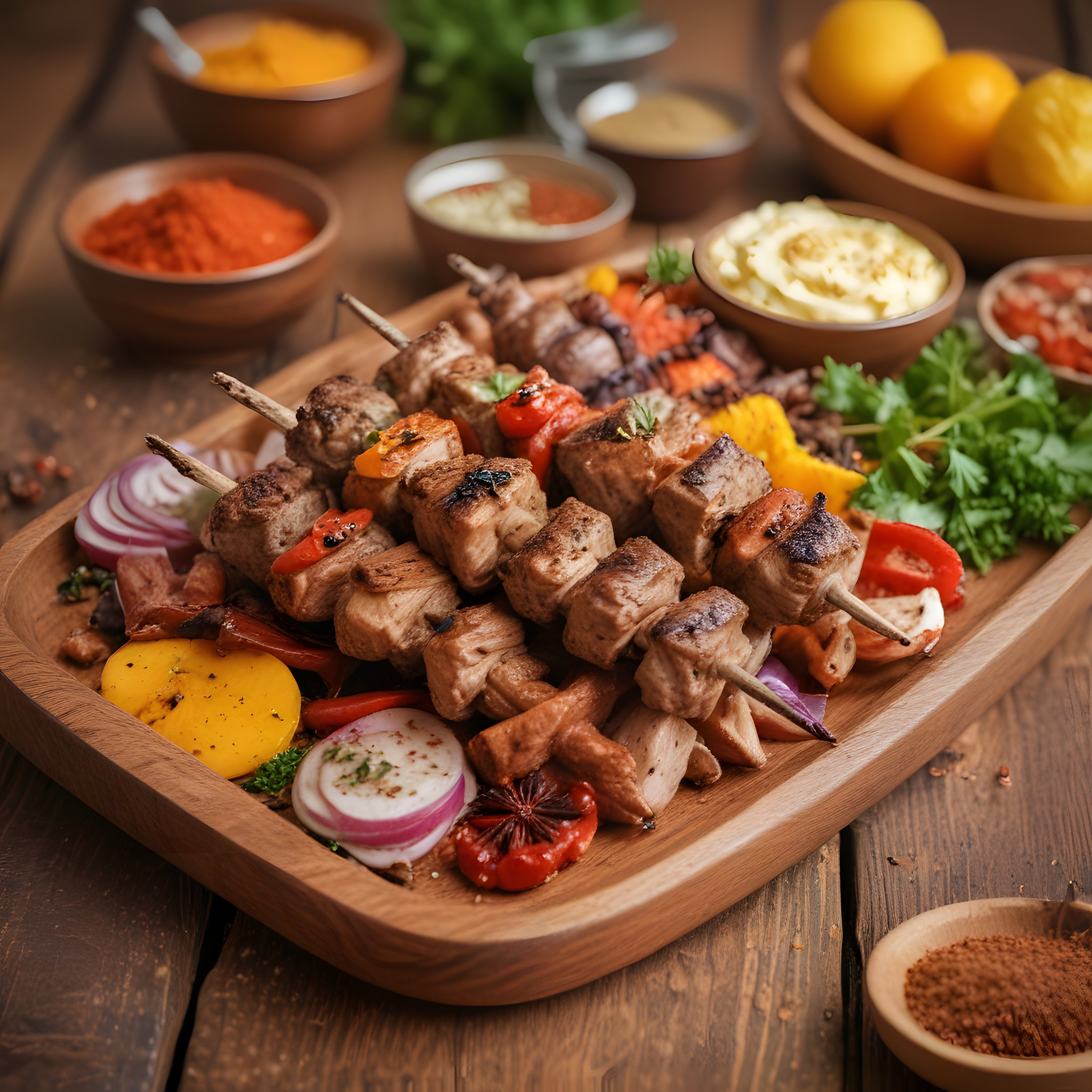 Ahşap Sunum Tahtasında Özel Marine Edilmiş Izgara Şiş Kebap ve Sos Çeşitleri