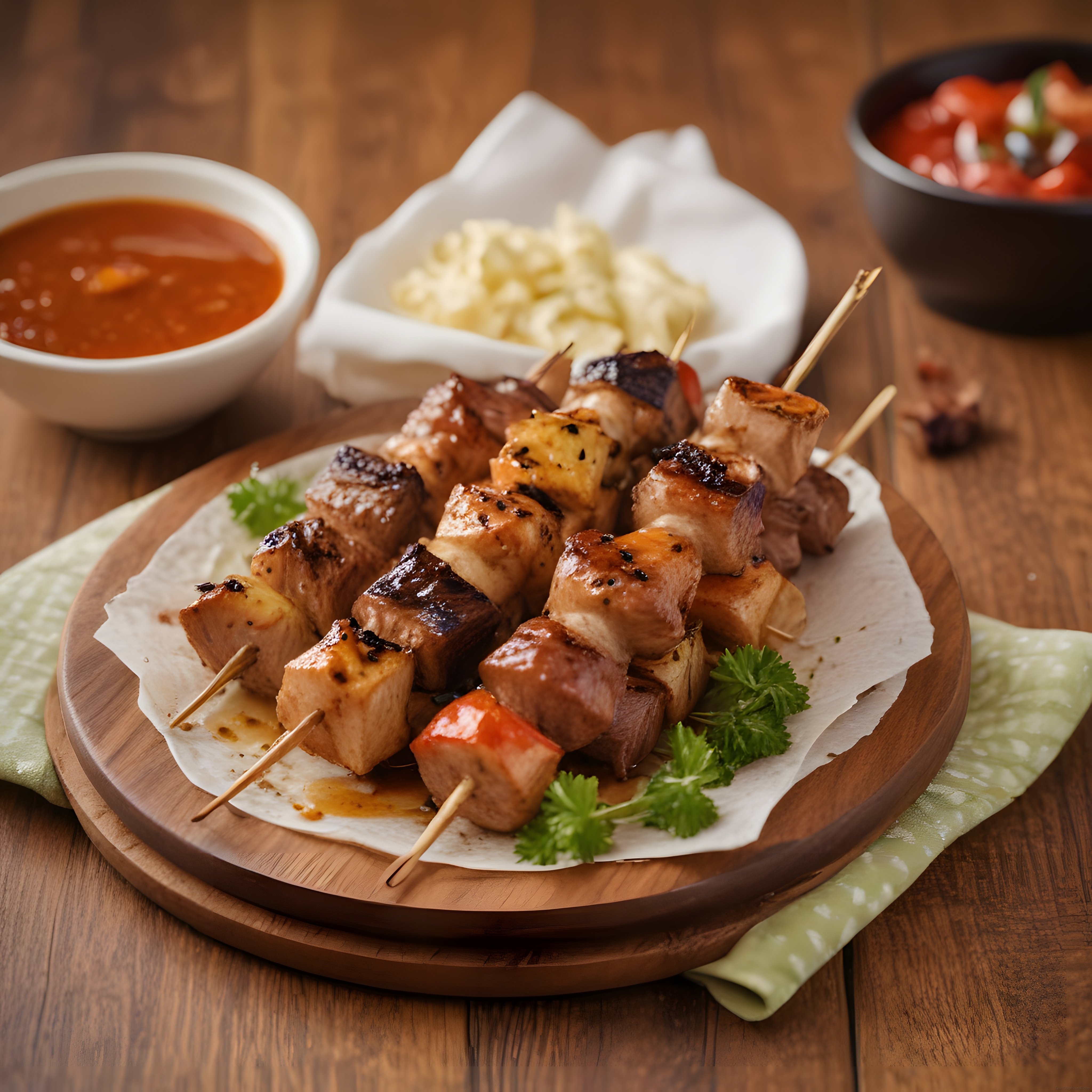 Ahşap sunum tahtasında özel soslu şiş kebabı ve garnitürlerle ızgara keyfi