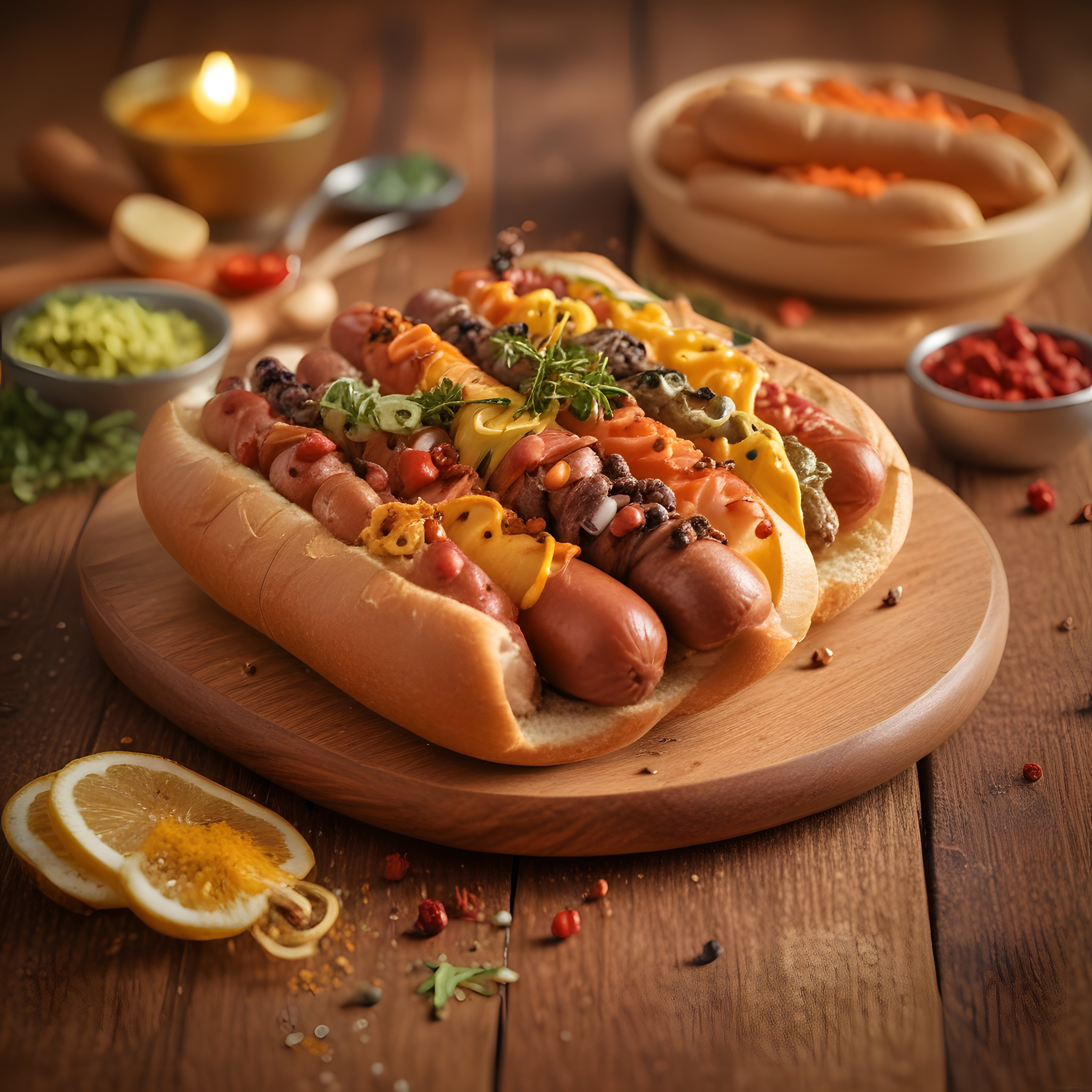 Ahşap Sunum Tahtasında Özel Soslu ve Malzemeli Gourmet Hot Dog Çeşitleri