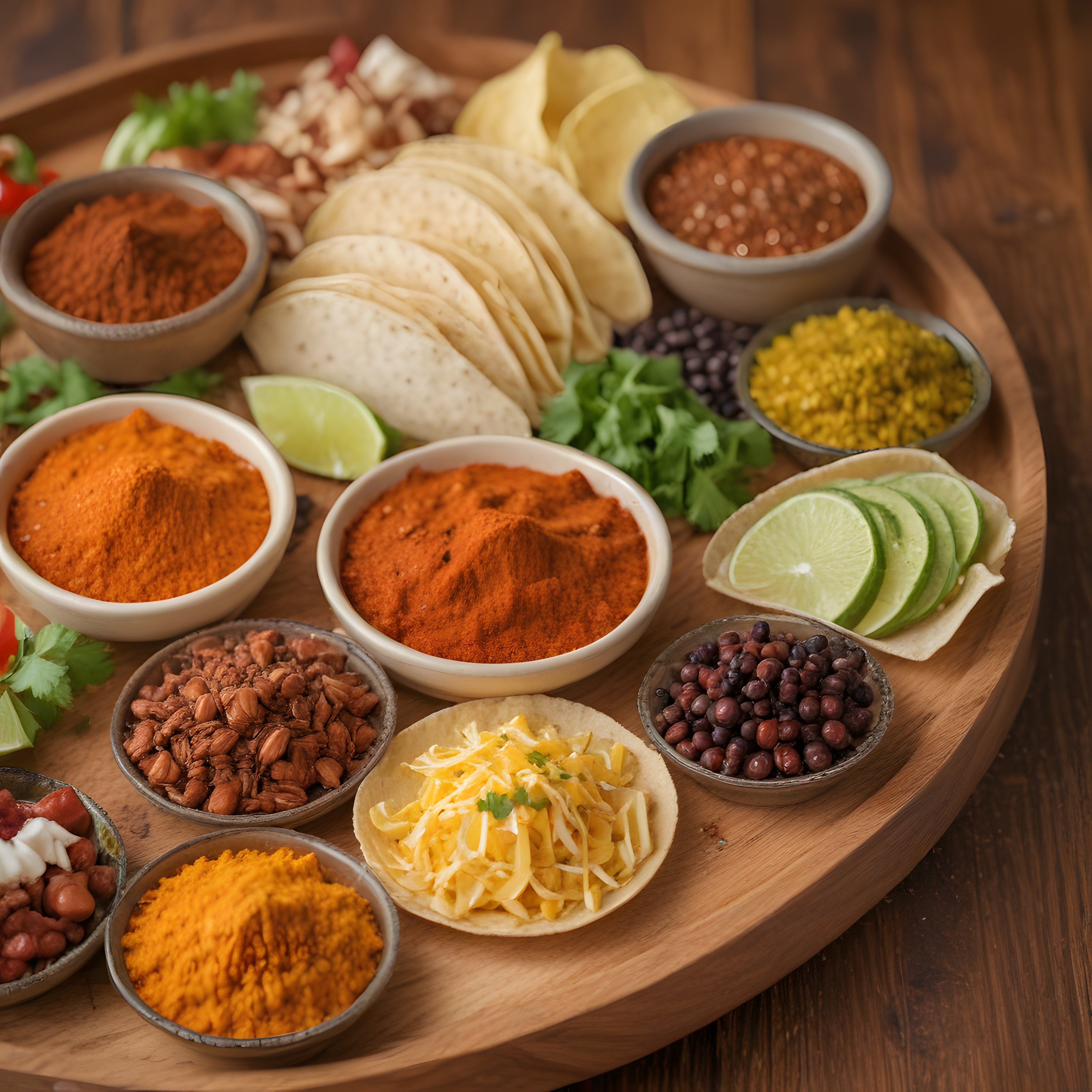 Ahşap sunum tahtasında özenle hazırlanmış Meksika taco malzemeleri ve baharatlar