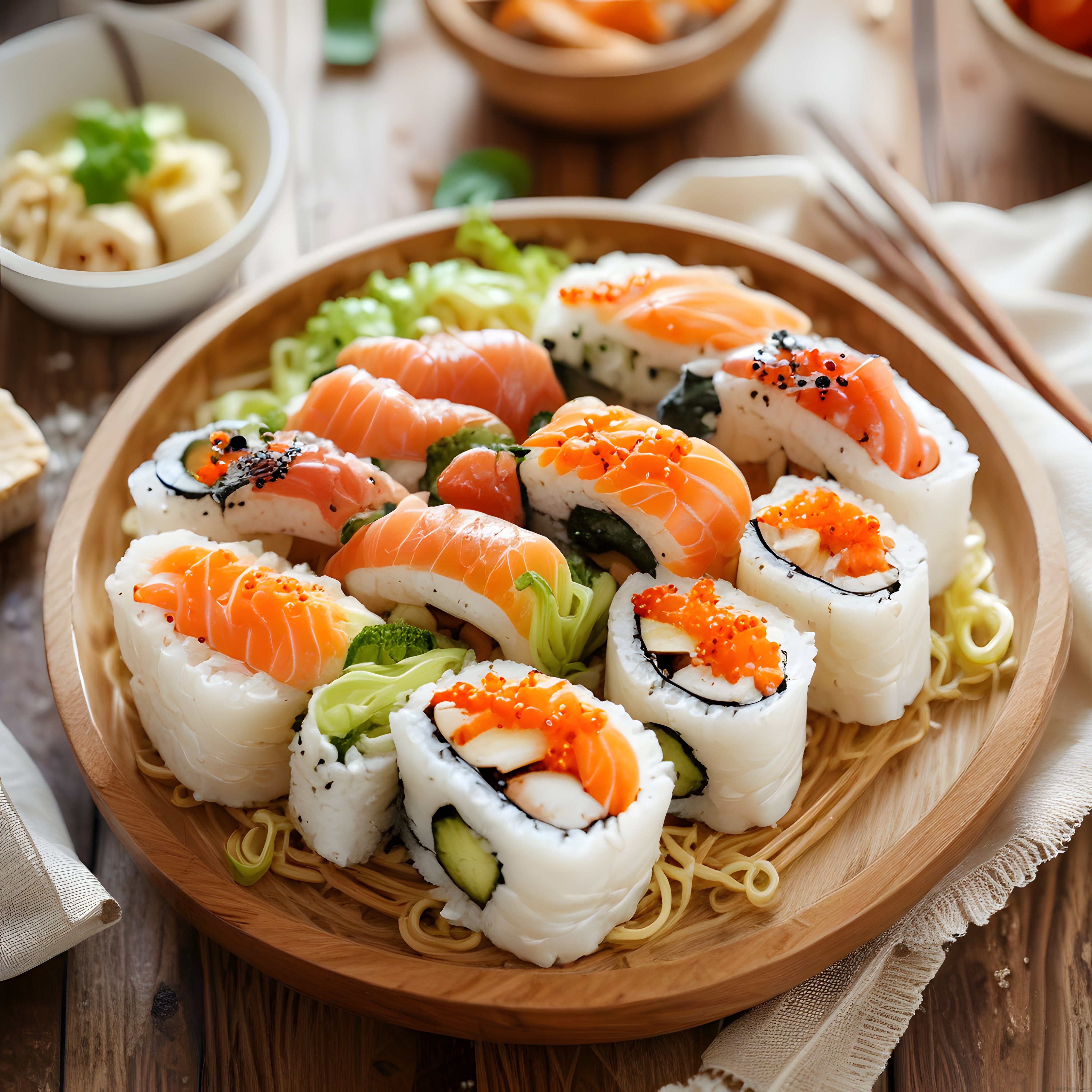 Ahşap sunum tahtasında özenle hazırlanmış somonlu ve avokadolu sushi çeşitleri