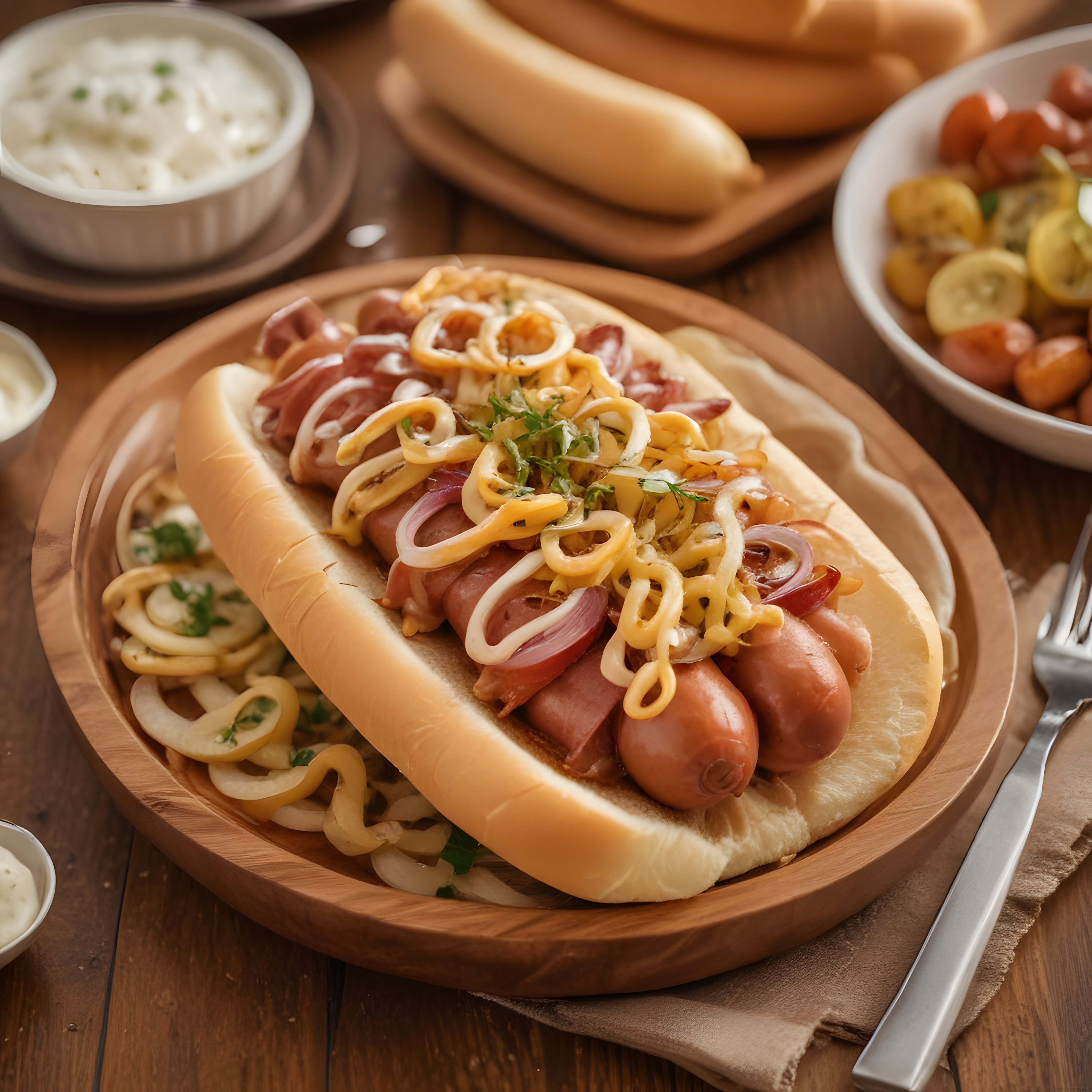 Ahşap Sunum Tahtasında Pastırmalı ve Soslu Ev Yapımı Hot Dog Lezzeti