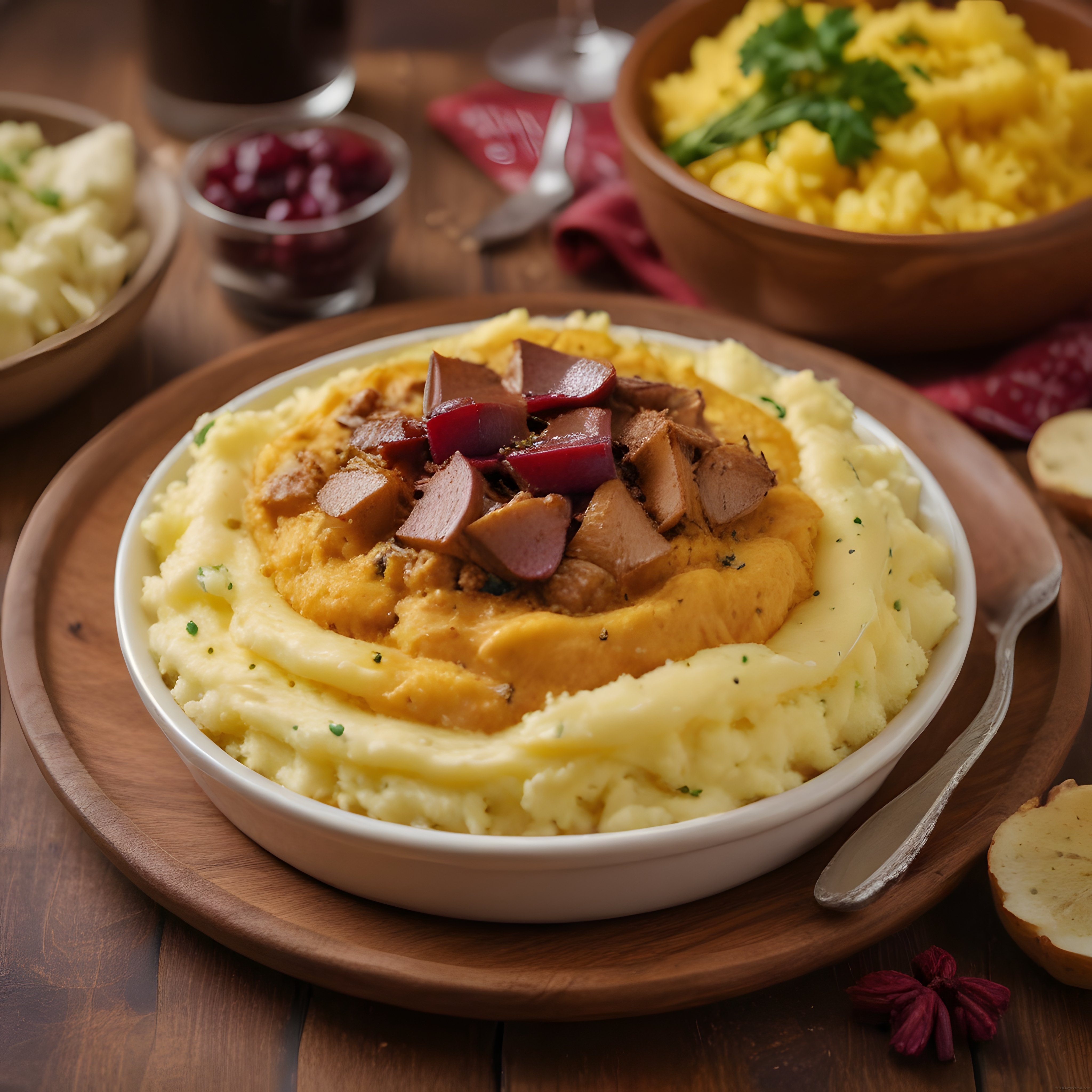 Ahşap Sunum Tahtasında Patates Püreli Etli Soslu Nefis Yemek