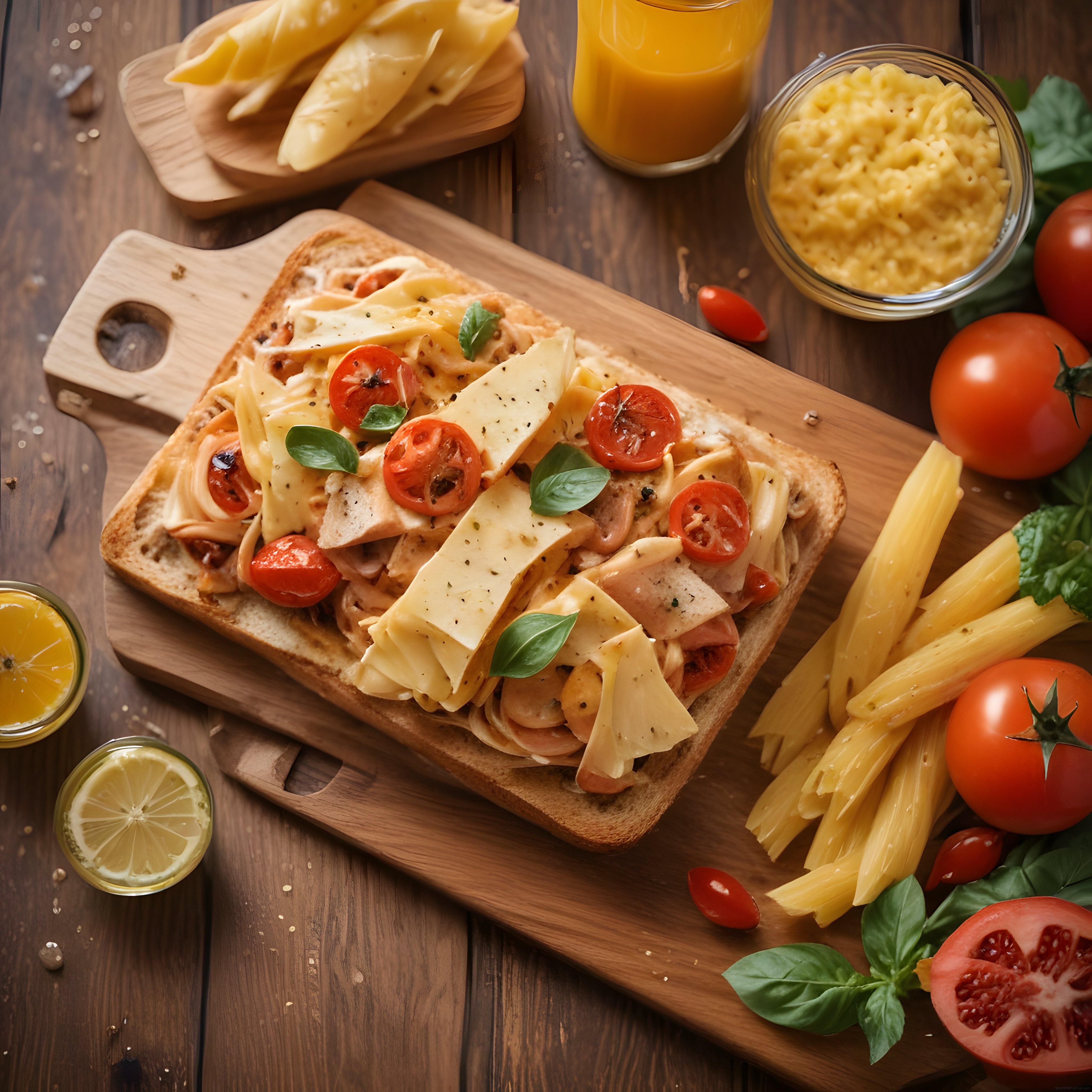 Ahşap Sunum Tahtasında Peynirli Domatesli Tost ve Portakal Suyu Kahvaltısı