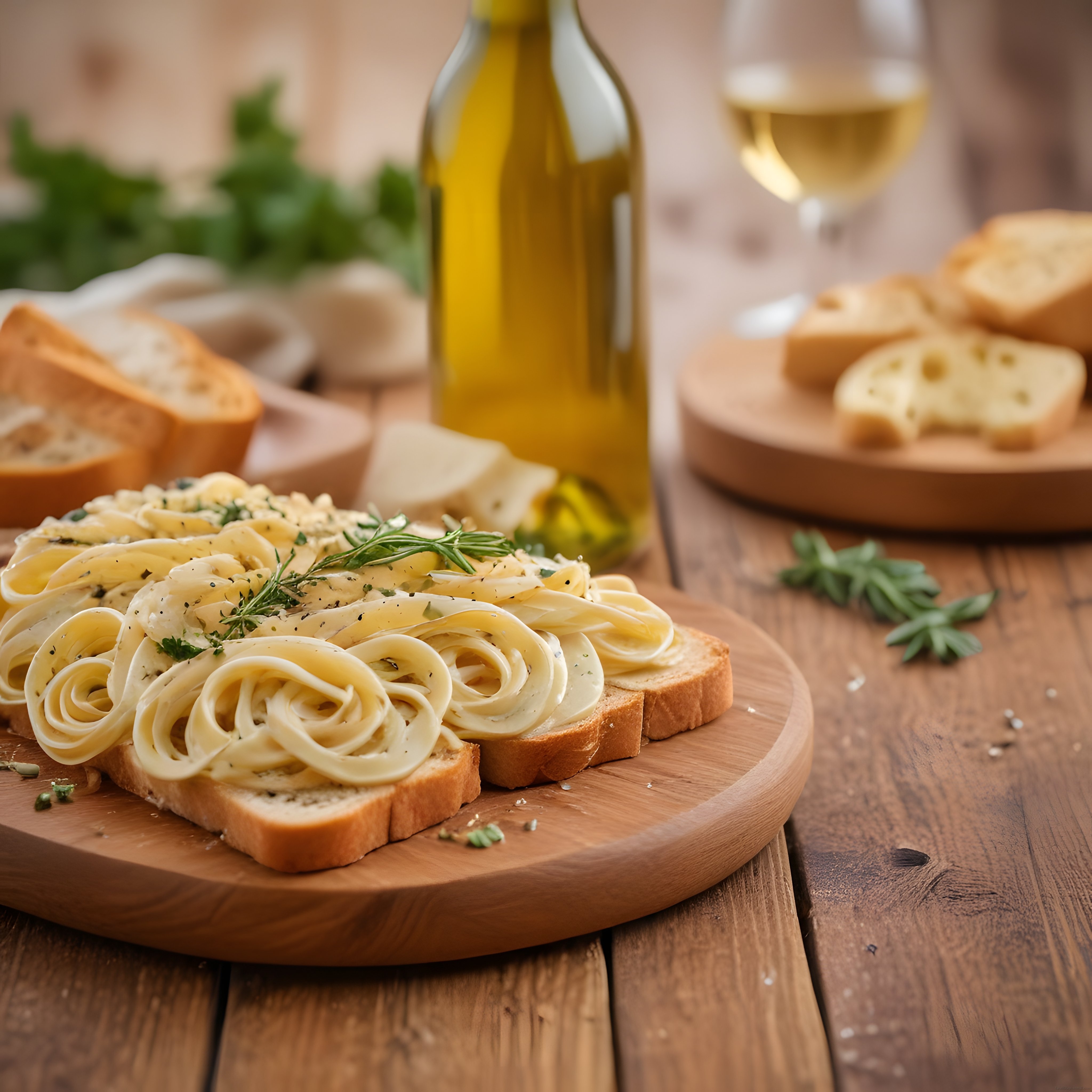 Ahşap Sunum Tahtasında Peynirli Ekmek ve Beyaz Şarap Eşliğinde Şık Masa Düzeni