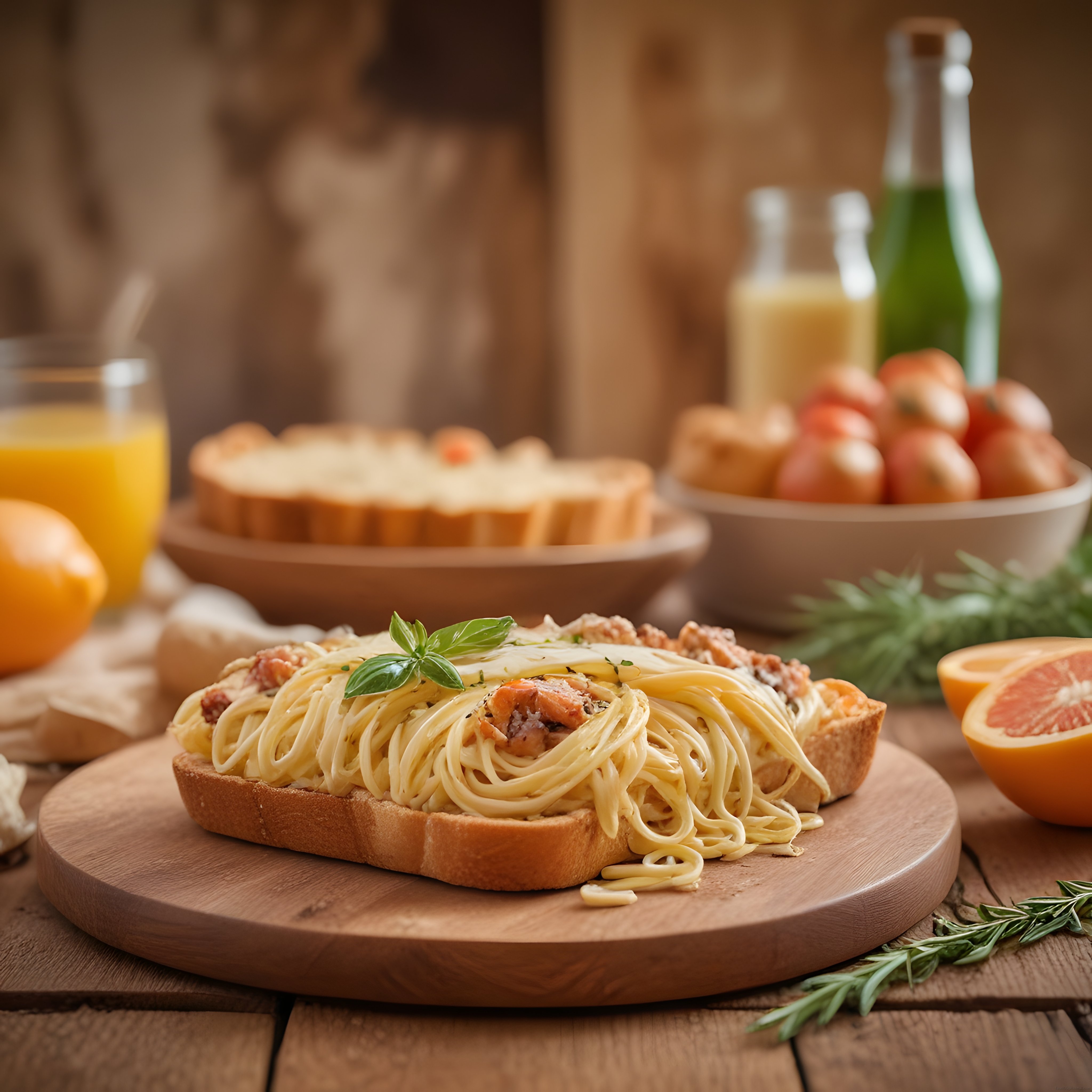Ahşap Sunum Tahtasında Peynirli Fesleğenli Spagetti Tost ve Kahvaltılık Detaylar