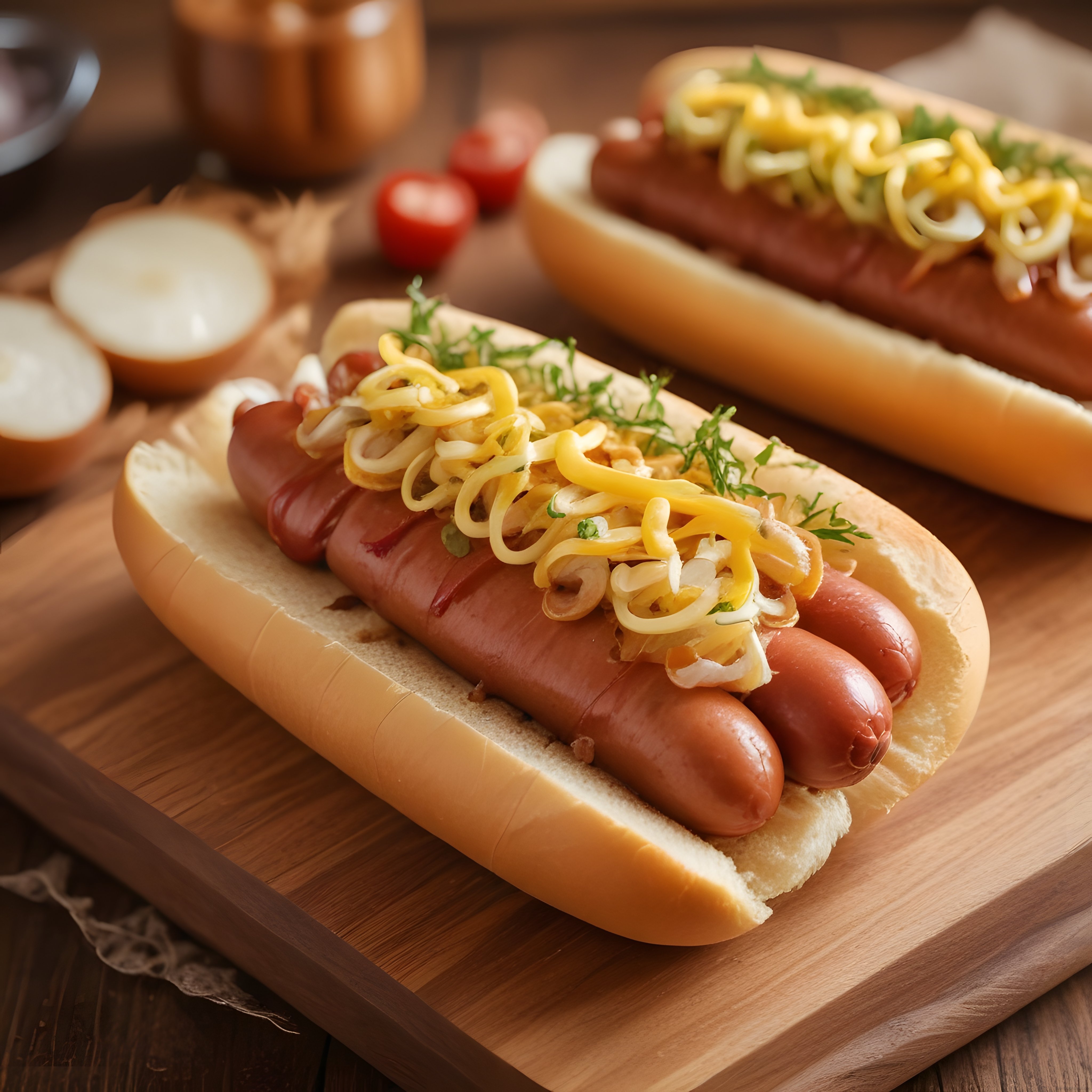 Ahşap Sunum Tahtasında Peynirli Hardallı ve Yeşillikli Sosisli Hot Dog Sandviç