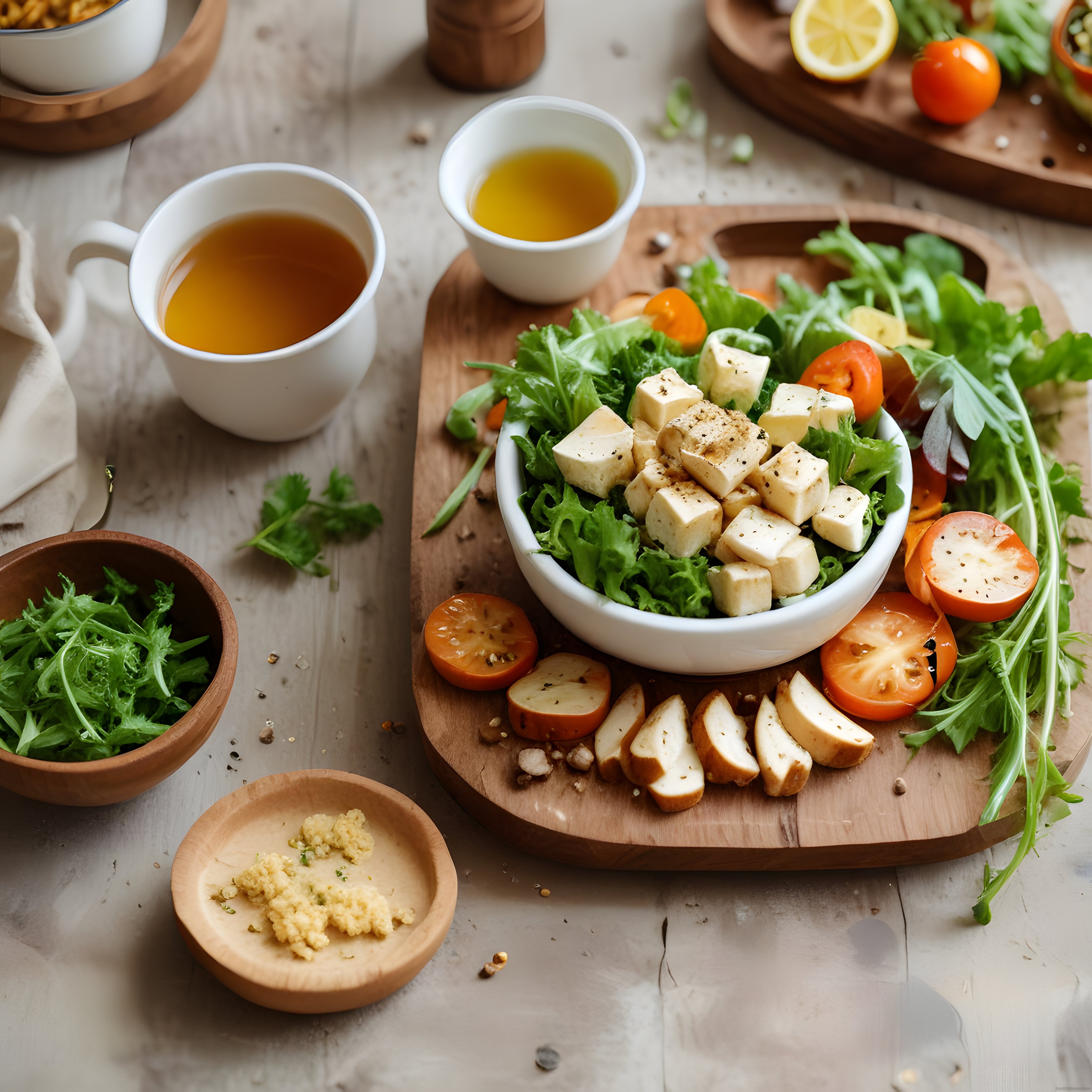 Ahşap sunum tahtasında peynirli salata, doğal malzemelerle sağlıklı tarif