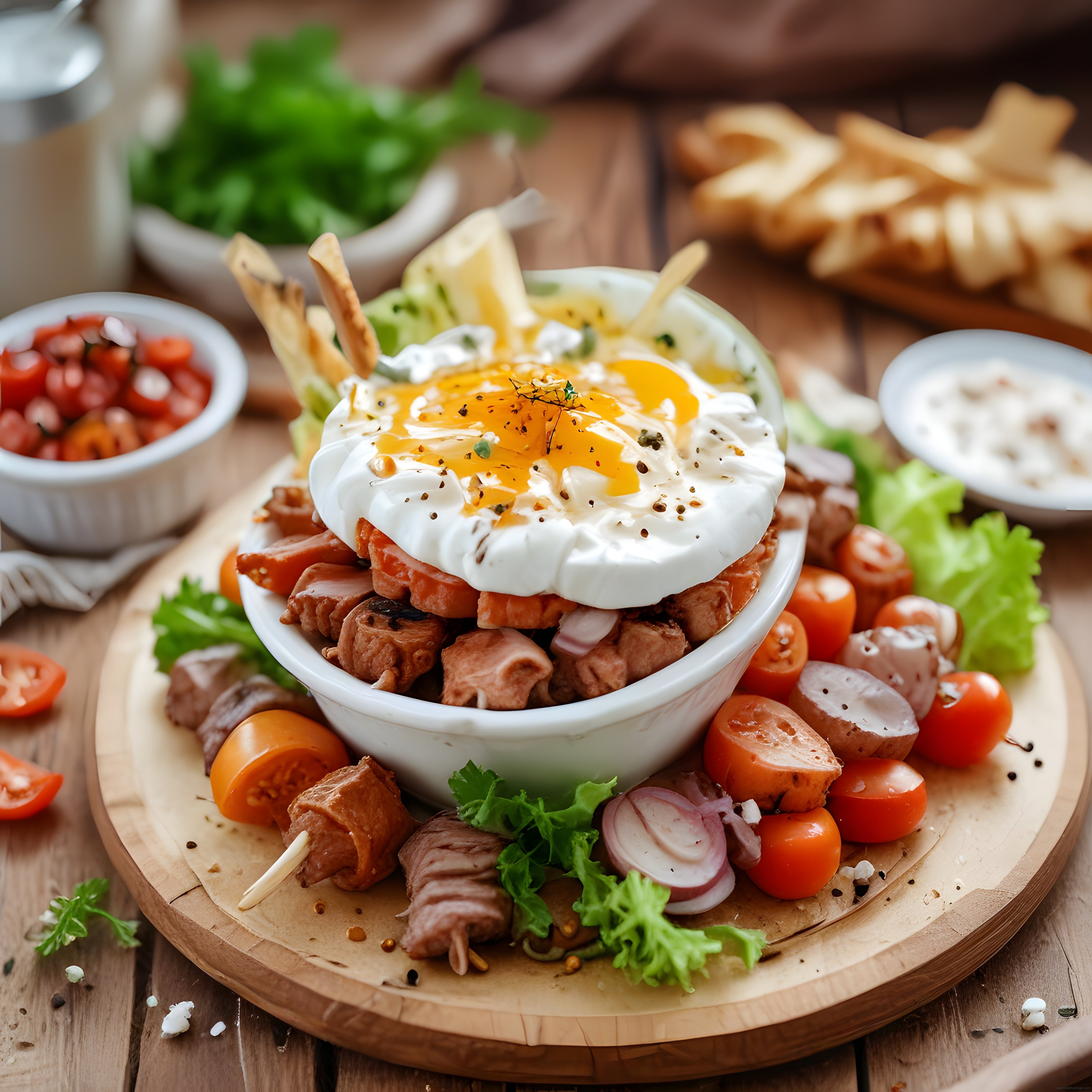 Ahşap Sunum Tahtasında Poşe Yumurtalı Katlı Kahvaltı Kasesi ve Taze Sebzeler
