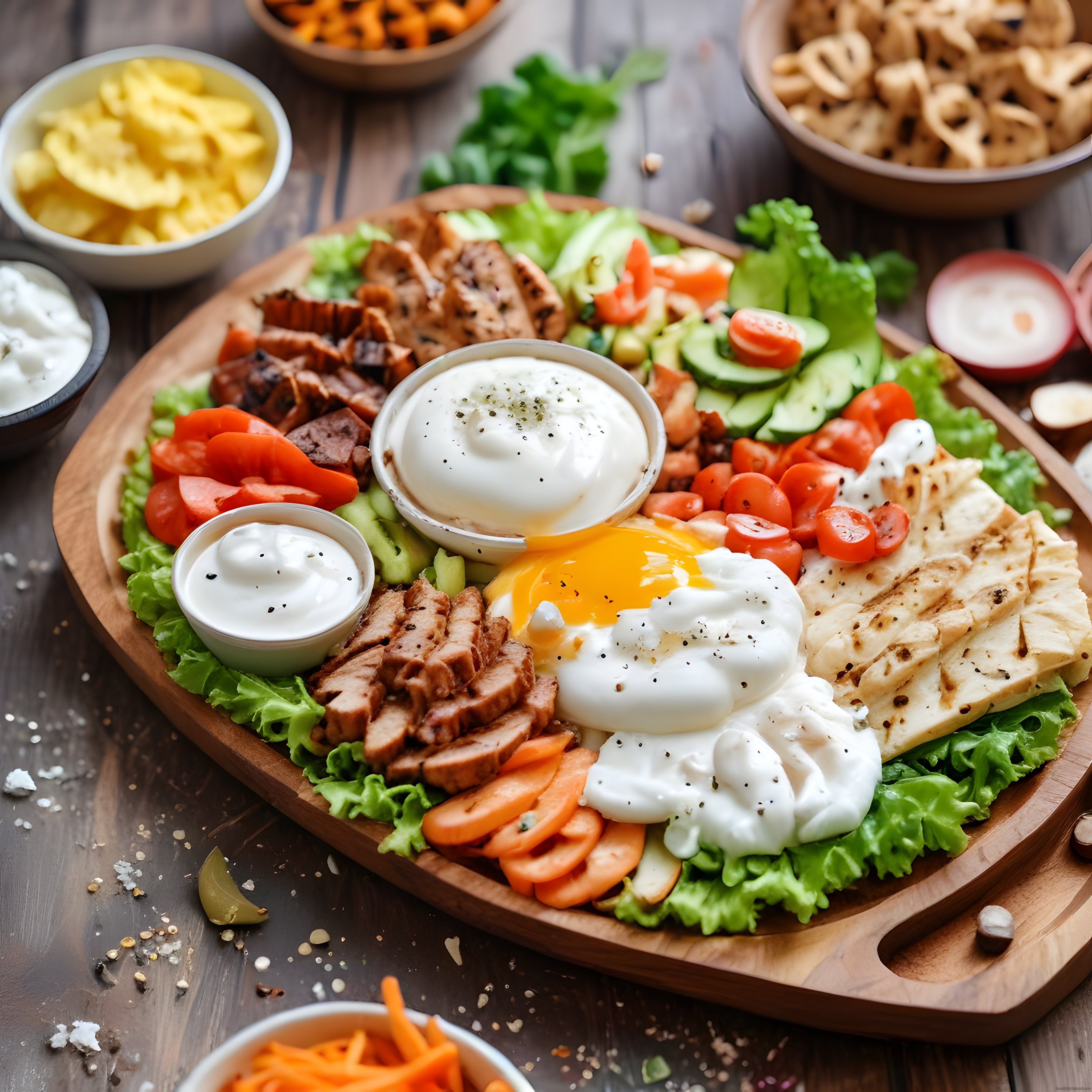 Ahşap sunum tahtasında protein dolu kahvaltı tabağı taze sebzeler